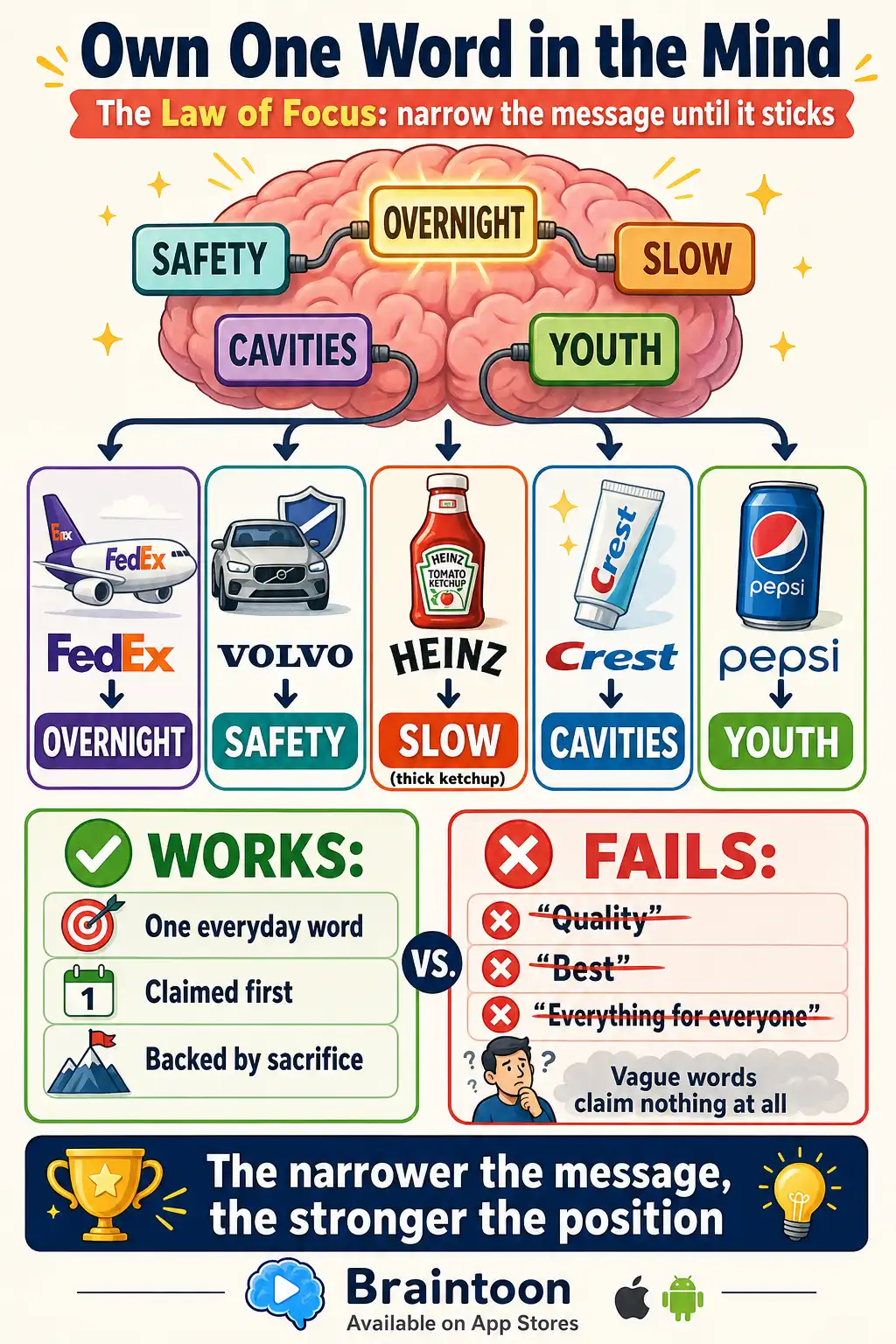 Infographic showing brands that own a single word in customers' minds — FedEx owns overnight, Volvo owns safety, Heinz owns slow, Crest owns cavities, Pepsi owns youth — contrasted with vague words like quality that claim nothing.