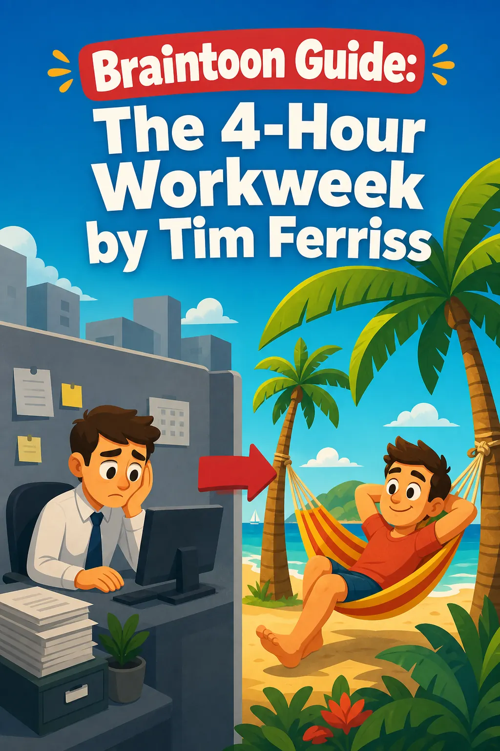The 4-Hour Workweek visual: The 4-Hour Workweek by Tim Ferriss is about escaping the all-or-nothing career trap and designing a flexible life with r