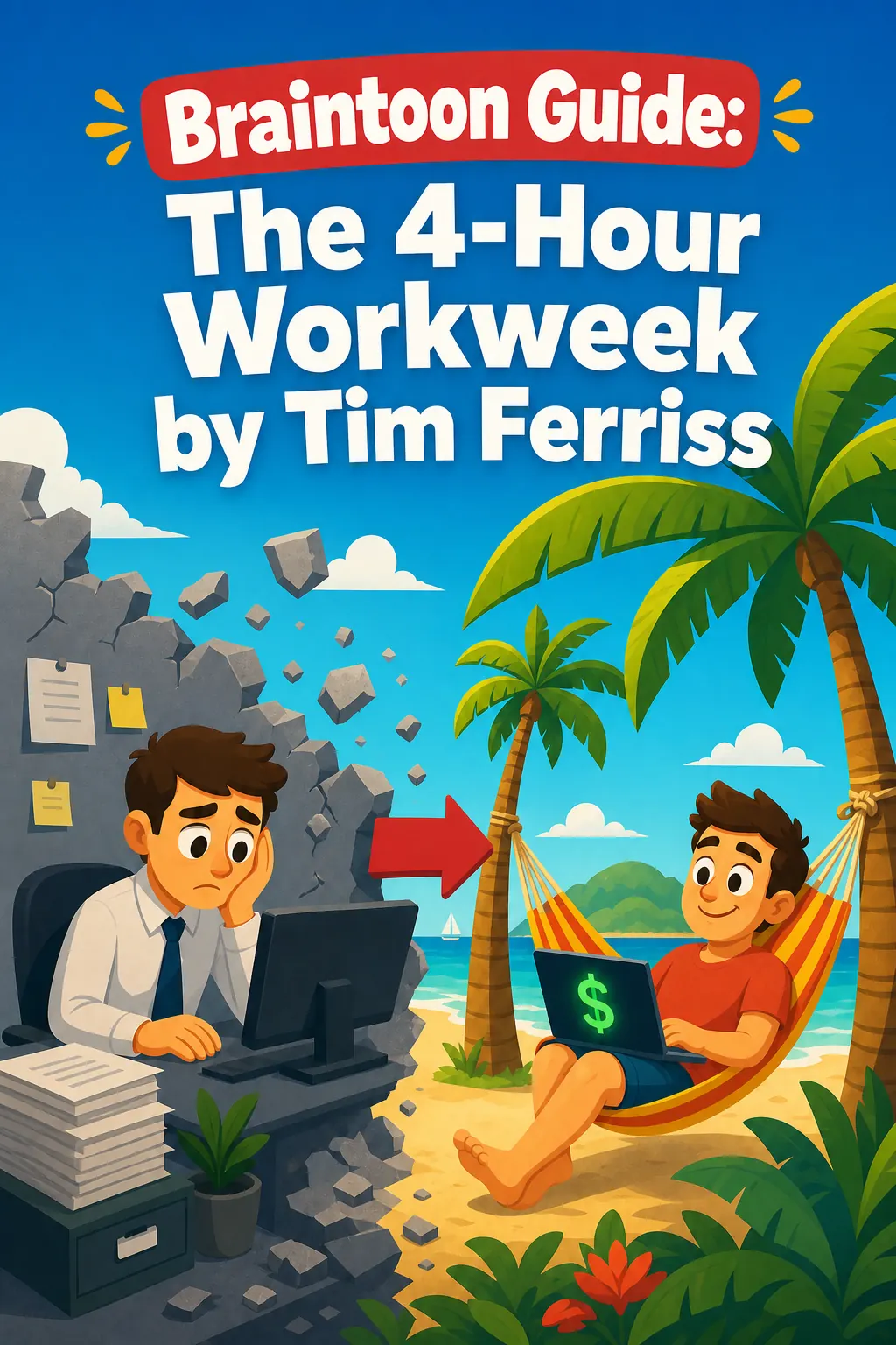 The 4-Hour Workweek visual: The 4-Hour Workweek by Tim Ferriss is about escaping the all-or-nothing career trap and designing a flexible life with r