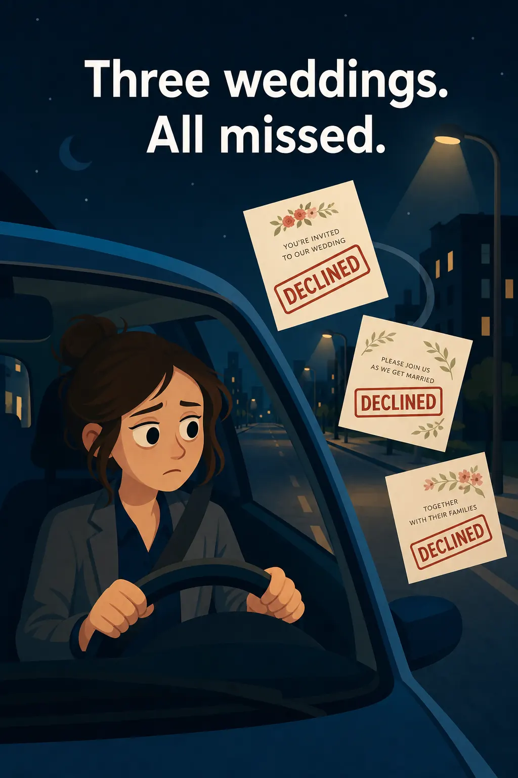 The 4-Hour Workweek visual: Laura, a marketing manager at a software firm, drives home past midnight and realizes she's said no to three weddings th