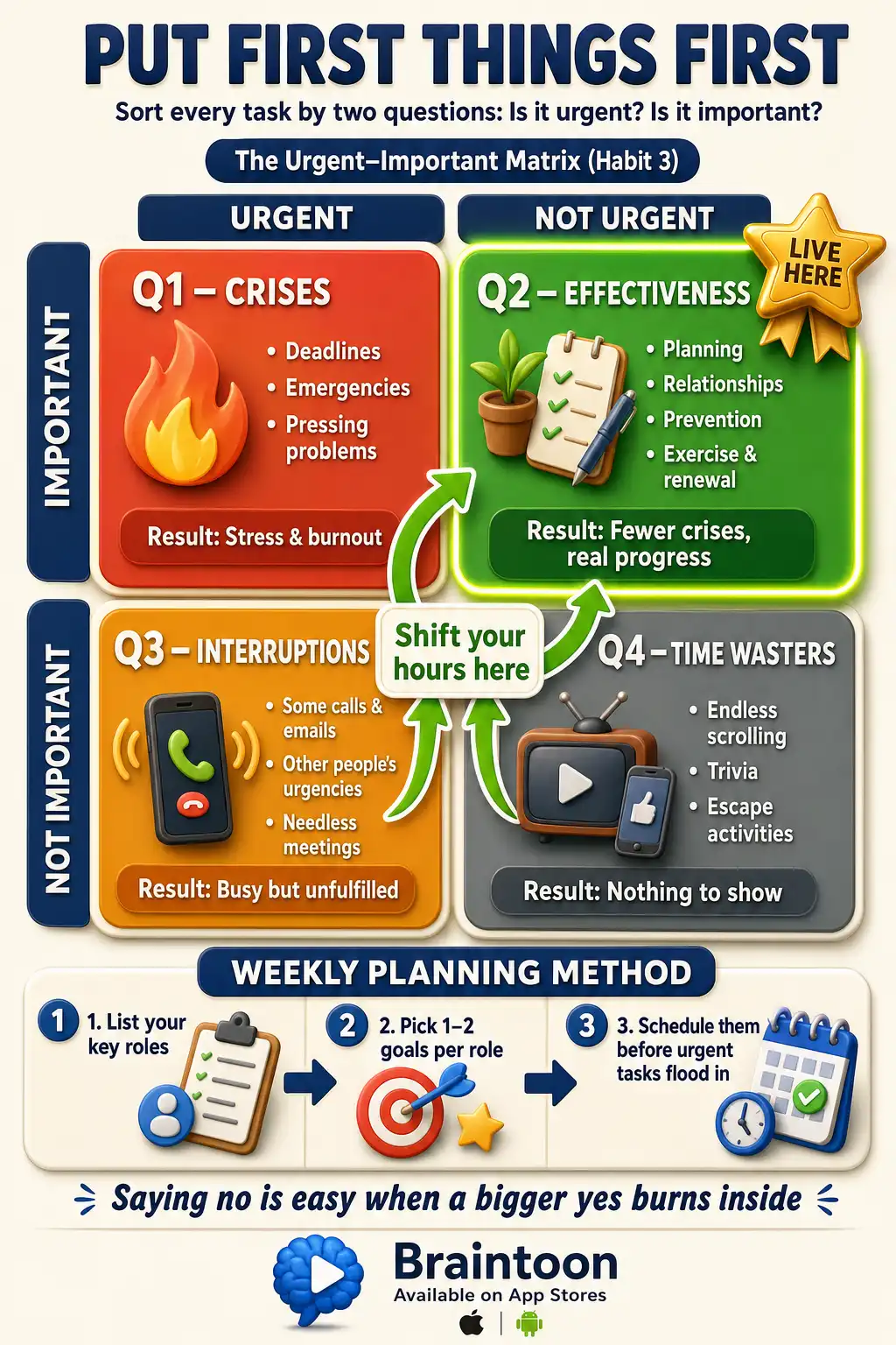 A 2x2 urgent-important matrix showing four quadrants: crises, effectiveness activities, interruptions, and time wasters, with Quadrant II highlighted as the place to spend time, plus a three-step weekly planning method.
