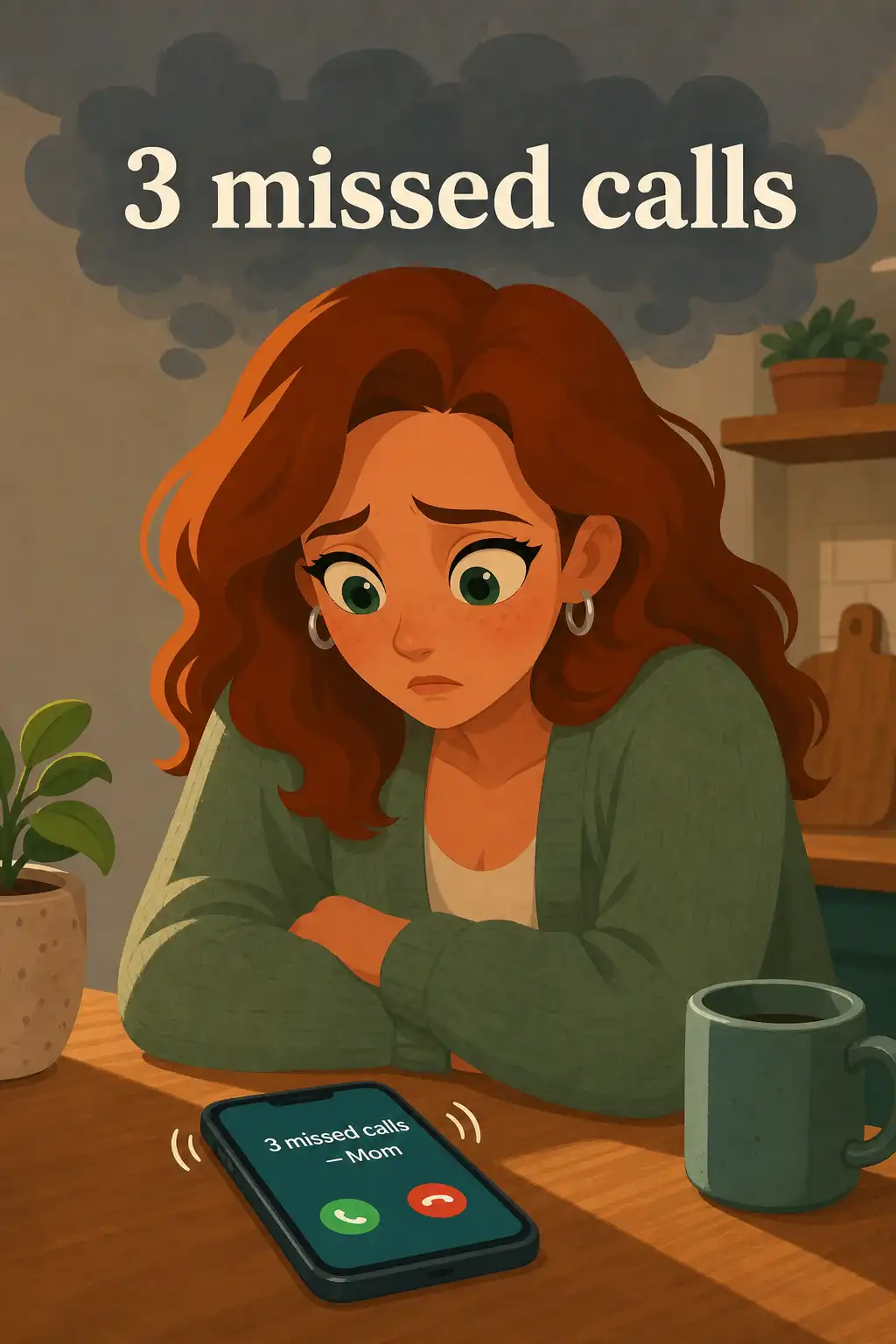 Adult Children of Emotionally Immature Parents visual: Carla stands frozen in her Asheville kitchen, phone buzzing with her mother's third call, desperate to feel calm before 