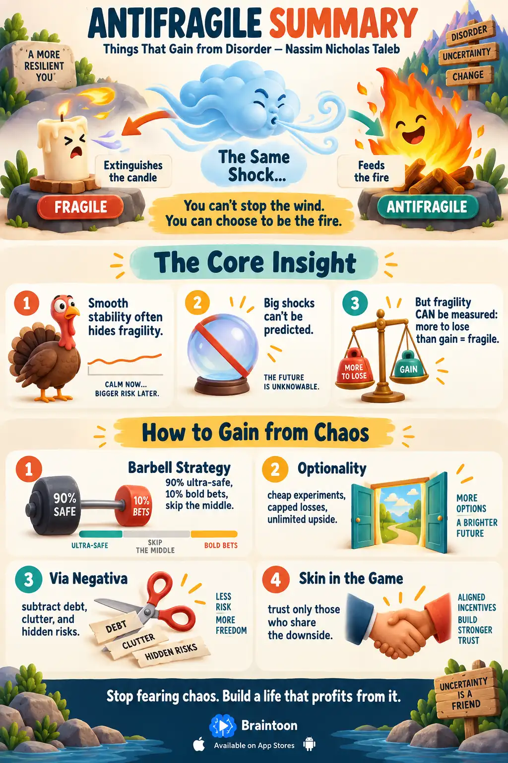 Infographic summarizing Antifragile by Nassim Nicholas Taleb: wind extinguishes a candle (fragile) but feeds a fire (antifragile), followed by core insights about hidden fragility and unpredictability, and four tools — barbell strategy, optionality, via negativa, and skin in the game.