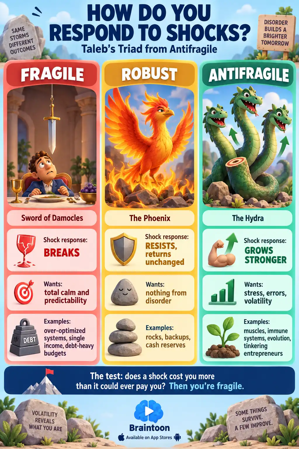 Three-column comparison of fragile, robust, and antifragile: the Sword of Damocles breaks under shocks, the Phoenix resists and returns unchanged, and the Hydra grows two heads for each one cut off, with everyday examples for each category.