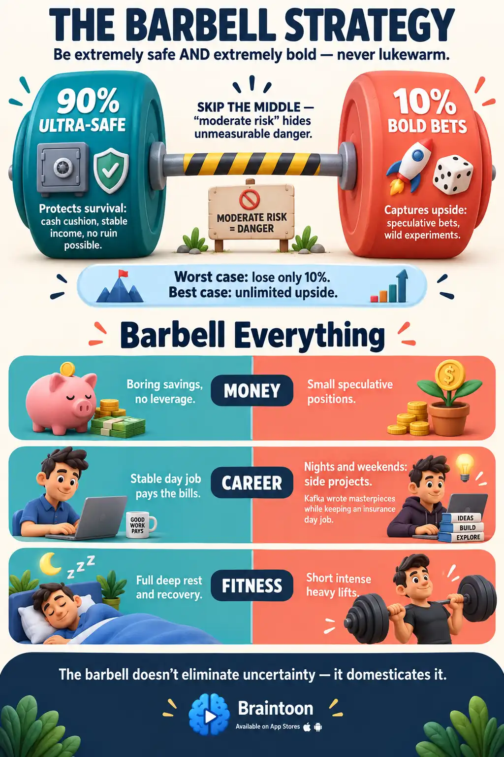 Barbell strategy framework: a barbell with a 90% ultra-safe weight on one end, a 10% bold-bets weight on the other, and a caution-marked middle bar labeled skip the middle, plus examples applying the barbell to money, career, and fitness.