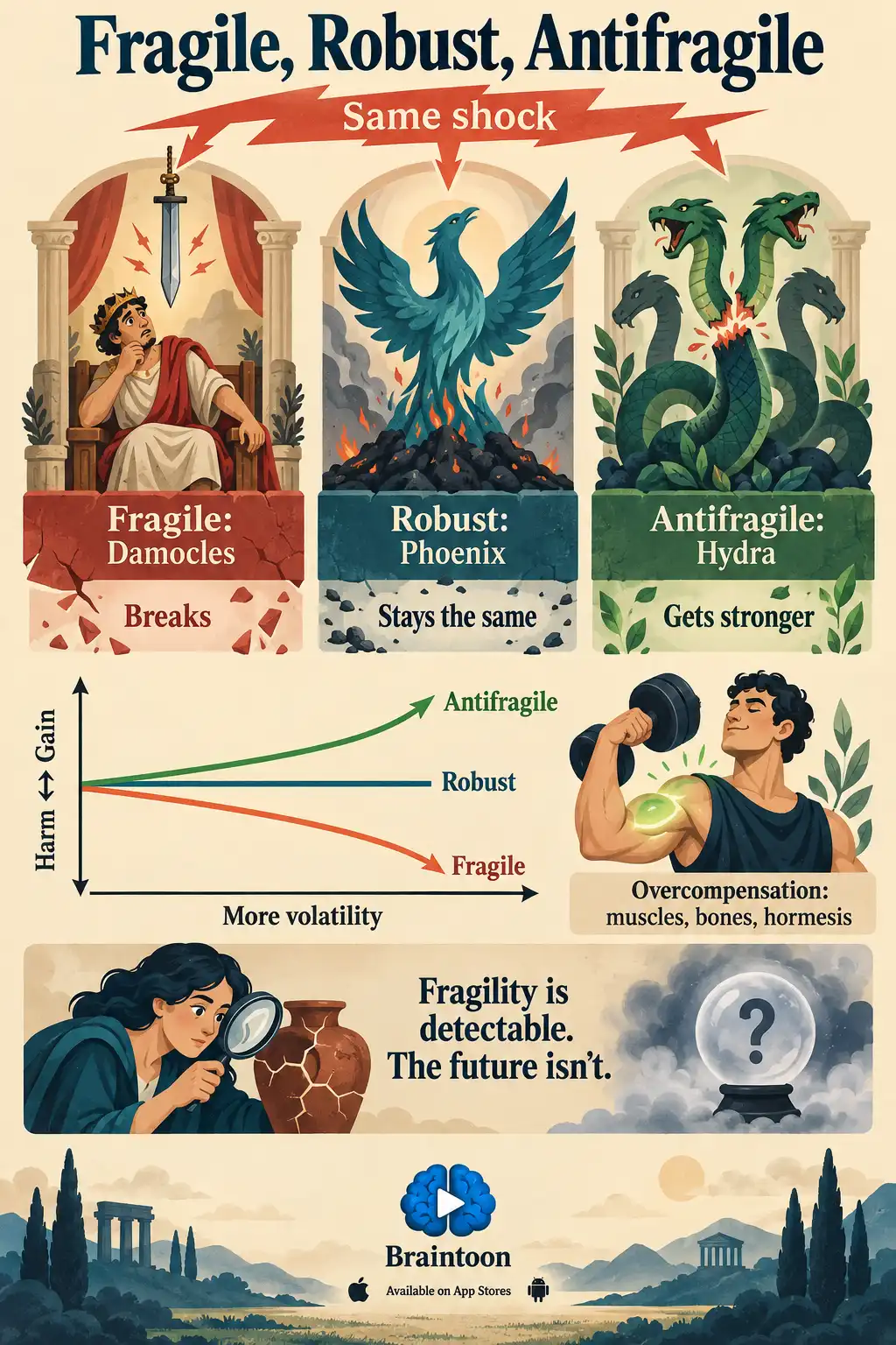 Three columns show the same shock hitting Damocles, labeled fragile and breaks; the Phoenix, labeled robust and stays the same; and the Hydra, labeled antifragile and gets stronger. A chart shows harm, a flat line and gain as volatility rises. A weightlifter illustrates overcompensation, and a magnifying glass over a cracked vase contrasts detecting fragility with predicting the future.