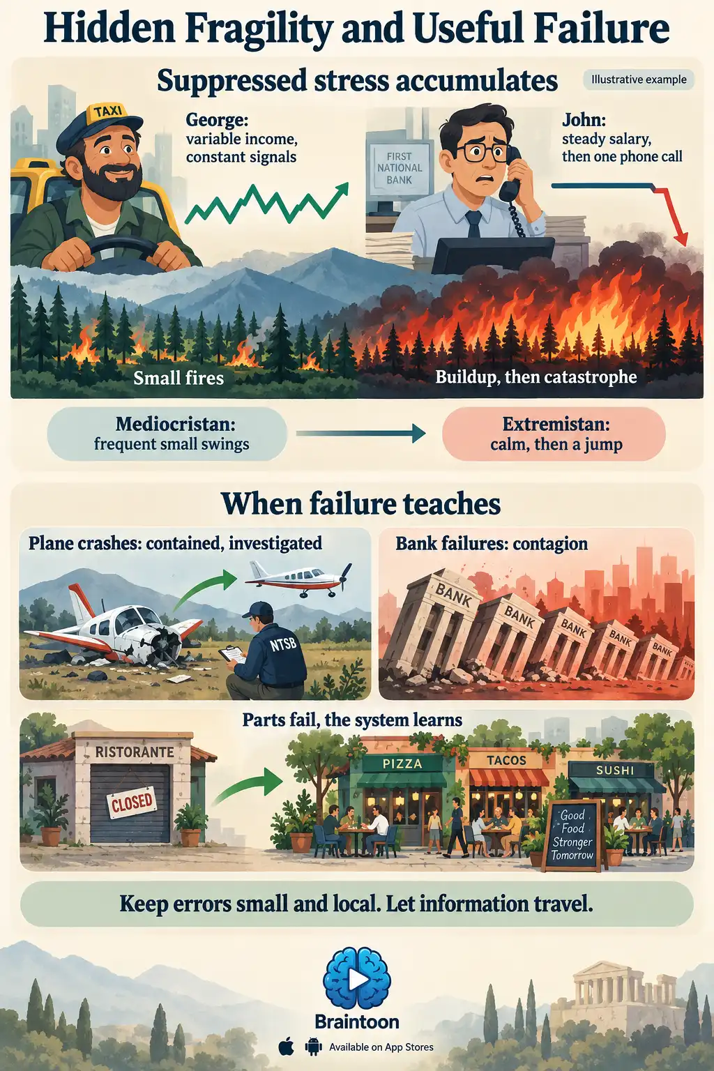 The top half shows a taxi driver's bumpy income beside a bank clerk's flat salary that suddenly collapses, then a forest where suppressing small fires leads to a huge blaze. The bottom half contrasts a plane crash that leads to safer flights with banks falling like dominoes, plus restaurants whose failures improve the whole industry.
