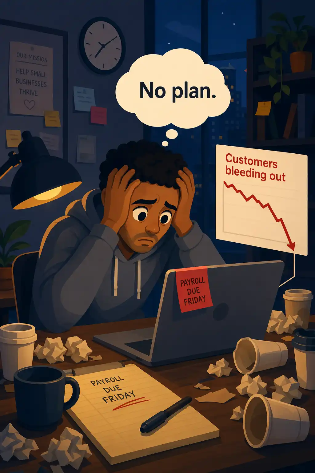 The Art of War visual: Marcus stares at the quarterly numbers, watching his software startup bleed customers to a bigger rival. Payroll is due 