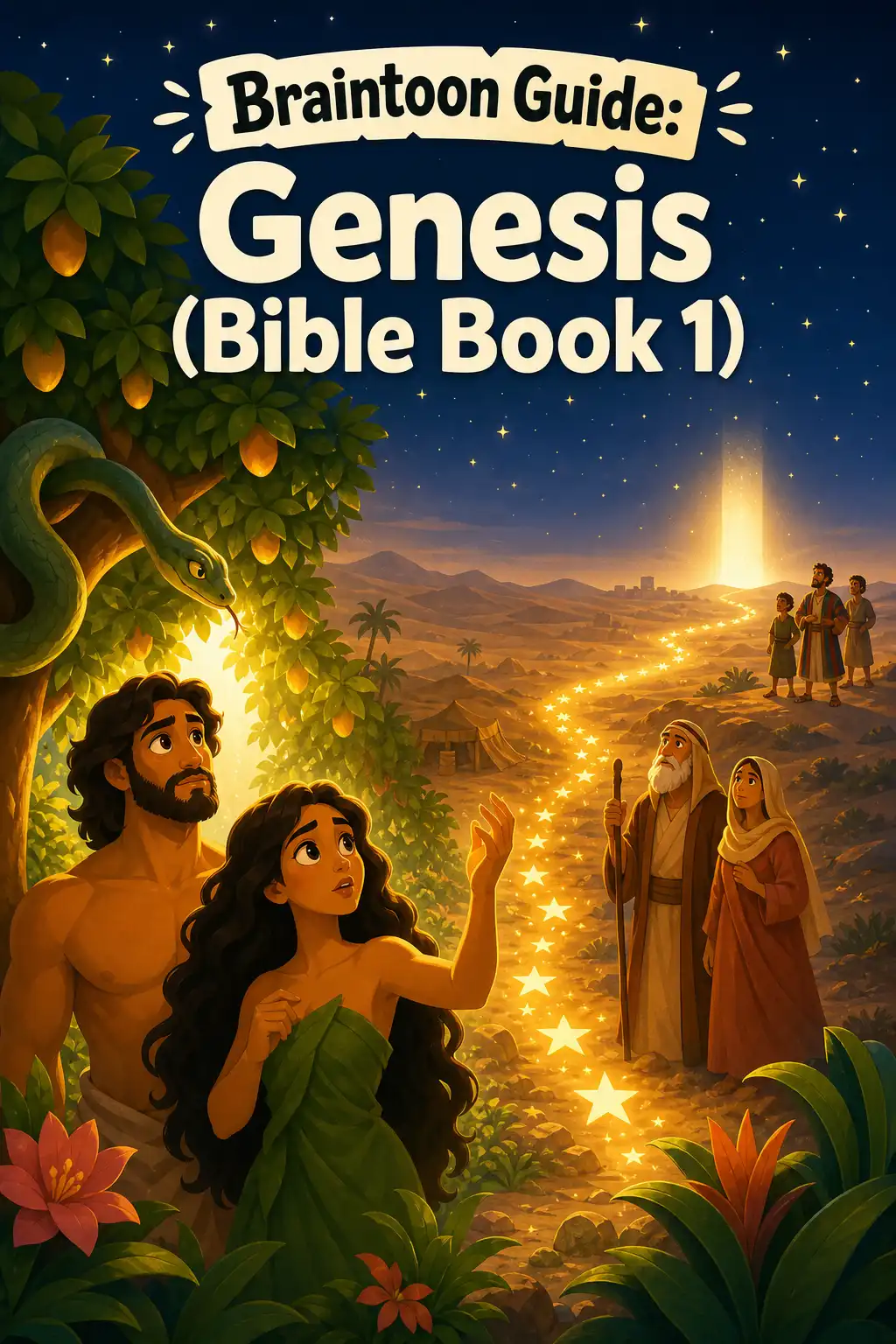 Genesis (Bible Book 1) visual: Genesis, the first book of the Bible, traditionally attributed to Moses, traces humanity from creation through one chose