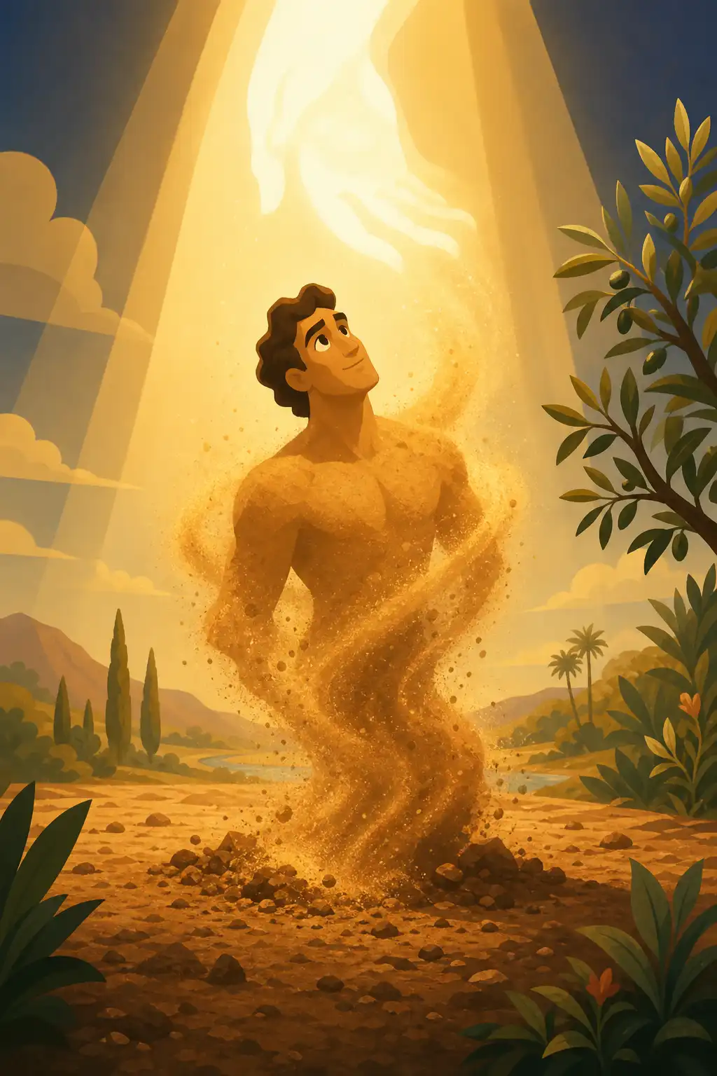 Genesis (Bible Book 1) preview: God forms a man from dust, breathes life into him, and plants a garden in Eden, with two special trees standing at its v