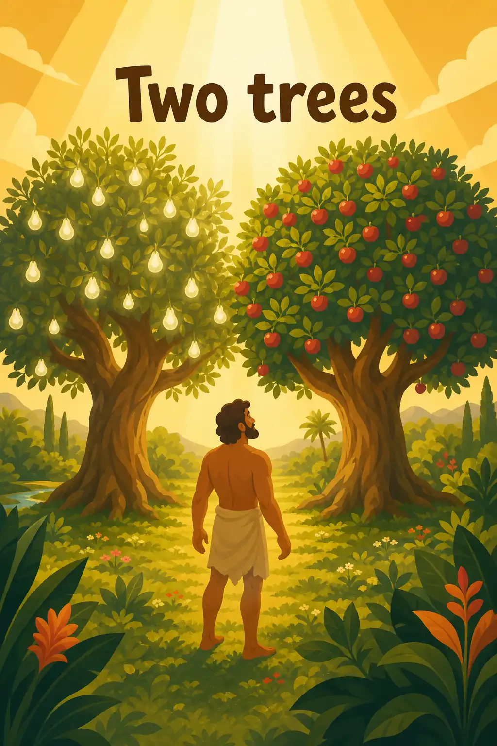 Genesis (Bible Book 1) preview: God forms a man from dust, breathes life into him, and plants a garden in Eden, with two special trees standing at its v