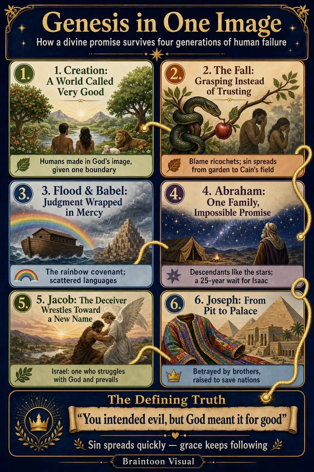 Infographic summarizing Genesis in six key ideas: creation called very good, the fall and spreading sin, the flood and Babel with the rainbow covenant, Abraham's impossible promise, Jacob wrestling toward the name Israel, and Joseph rising from pit to palace, ending with the line that God meant evil for good.