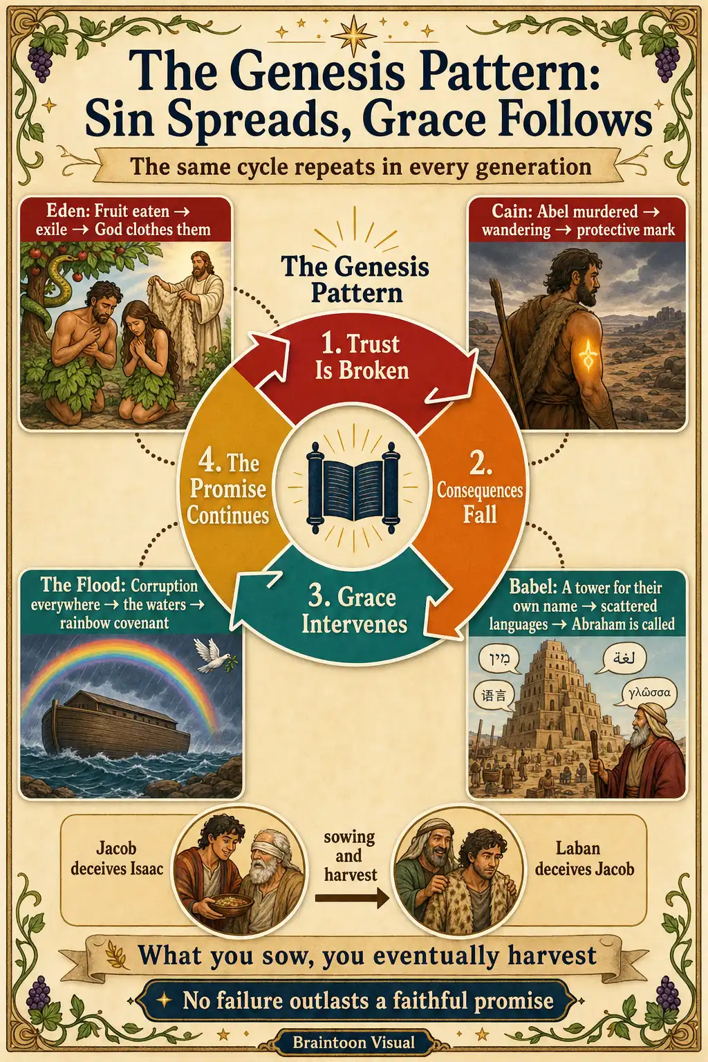 Circular framework diagram of the repeating Genesis pattern — trust is broken, consequences fall, grace intervenes, the promise continues — with four example panels: Eden, Cain and Abel, the flood, and the Tower of Babel.