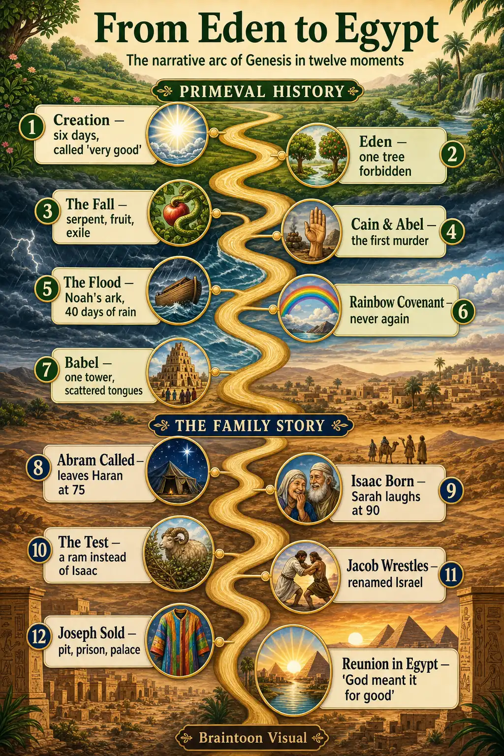 Winding vertical timeline of Genesis from creation, Eden, the fall, Cain and Abel, the flood, the rainbow covenant, and Babel, through Abraham's call, Isaac's birth, the test on the mountain, Jacob wrestling, Joseph sold, and the family reunion in Egypt.