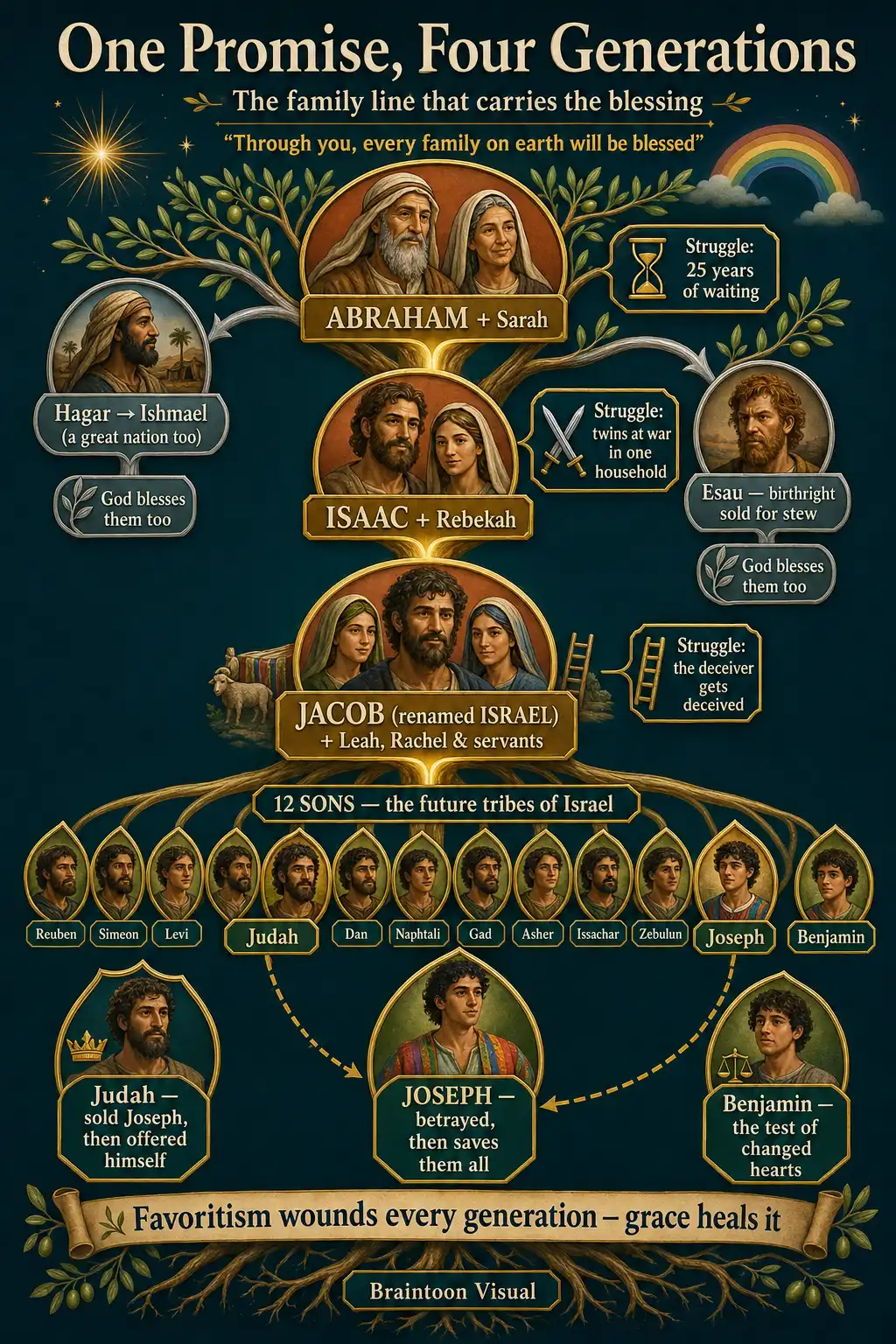 Family tree infographic showing the covenant line from Abraham and Sarah through Isaac, Jacob renamed Israel, and his twelve sons, with side branches to Ishmael and Esau, and notes on each generation's defining struggle from waiting to deception to betrayal and forgiveness.