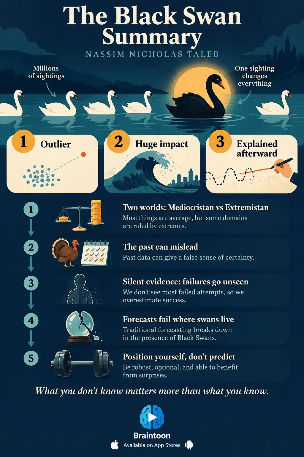 Infographic titled The Black Swan Summary. A single black swan swims among white swans. Three badges list the traits of a Black Swan: outlier, huge impact, explained afterward. Below, five rows summarize the book's ideas: two worlds, misleading past data, silent evidence, failed forecasts, and positioning instead of predicting.