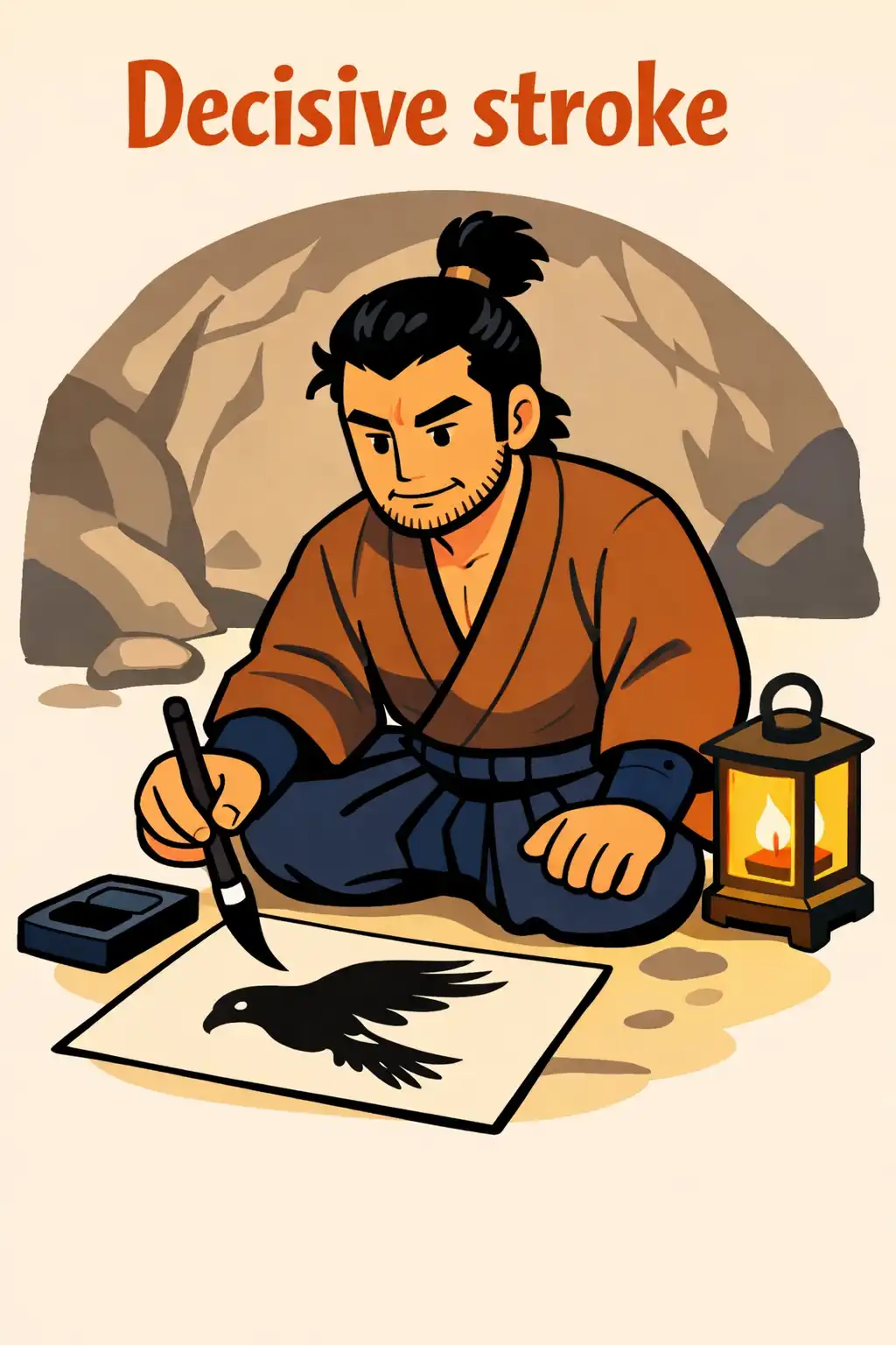 The Book of Five Rings visual: Picture an aging warrior in a quiet cave, ink brush in hand, painting a single hawk with one clean, decisive stroke.
