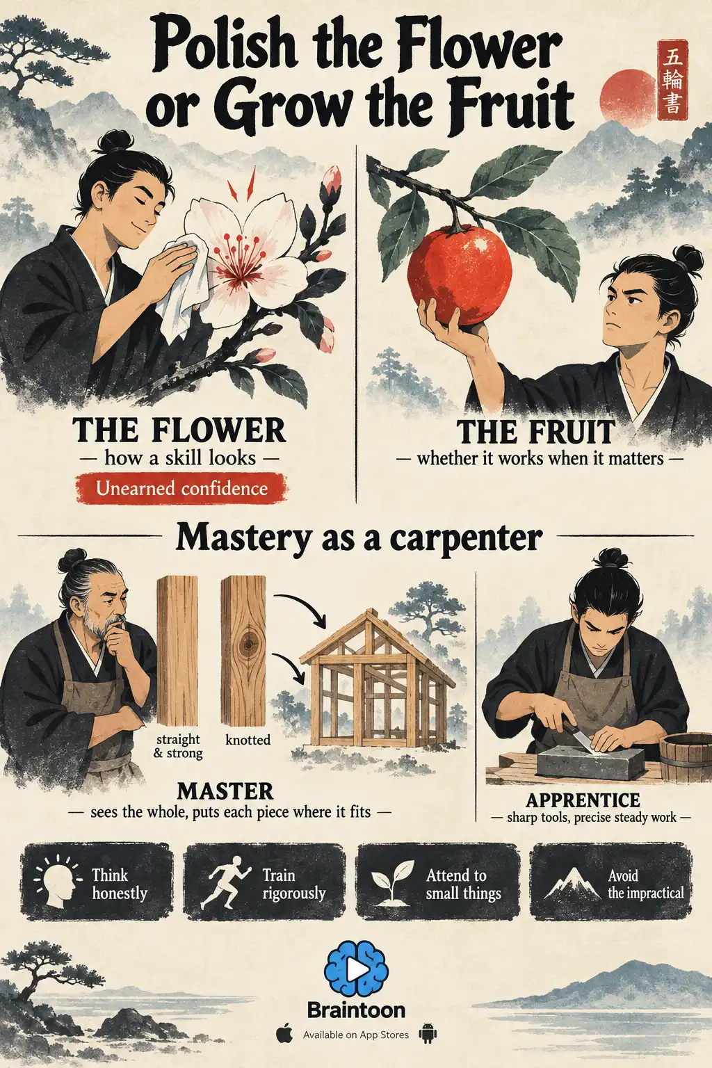 Infographic contrasting a person polishing a decorative flower with a branch bearing a red fruit, above a scene of a master carpenter placing straight and knotted timbers into a house frame and an apprentice sharpening a chisel, with four rules listed below.