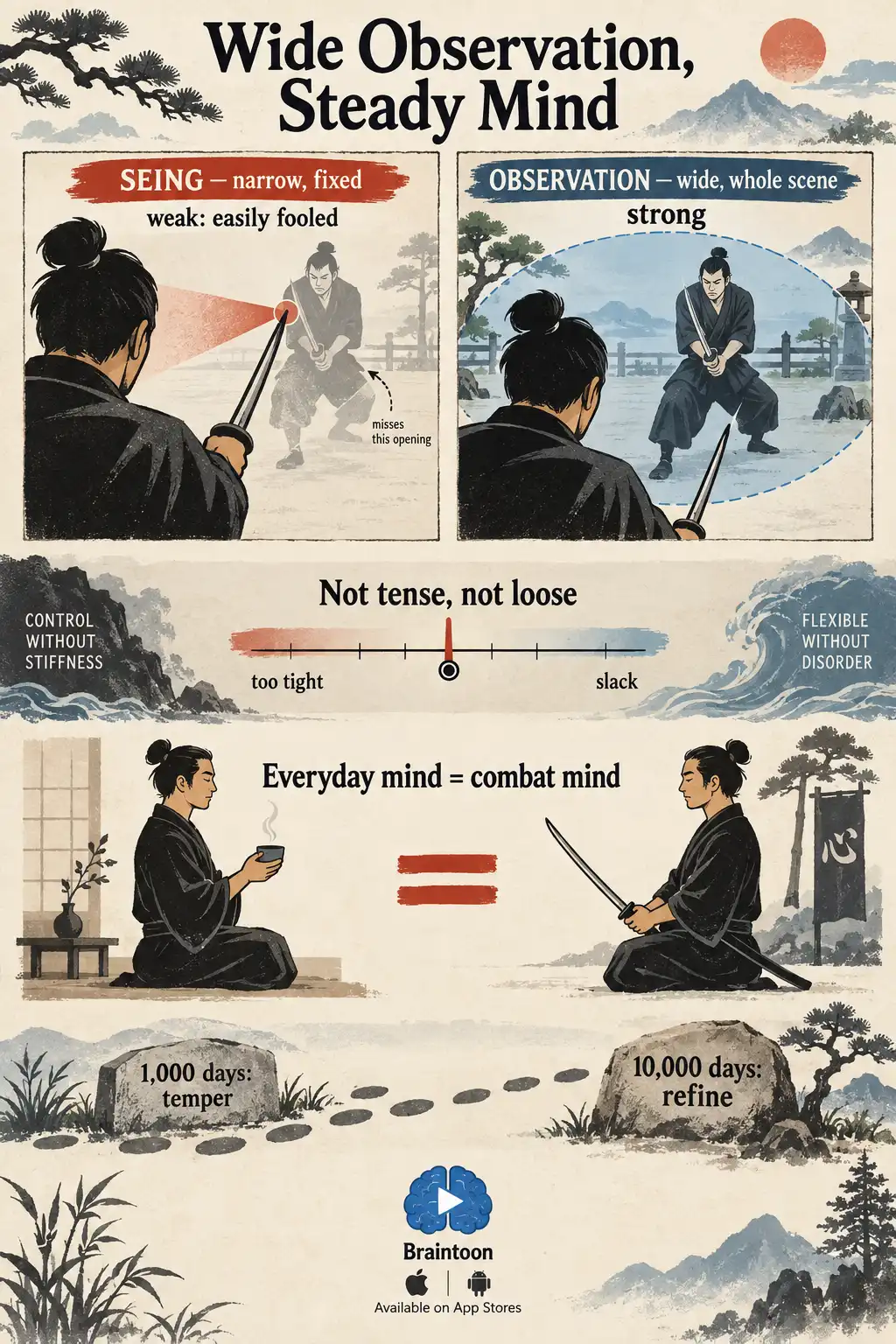 Infographic comparing narrow focused sight on a sword tip with wide awareness of a whole opponent, a balanced mind meter, matching postures at home and in a duel joined by an equals sign, and a footprint path marking a thousand and ten thousand days of training.