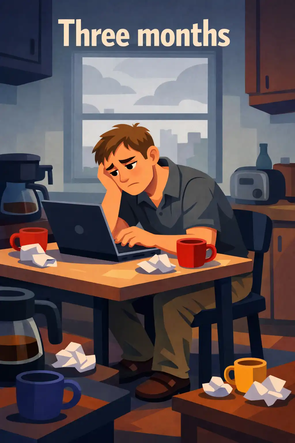 Breaking the Habit of Being Yourself visual: Marcus sits at his kitchen table on a Tuesday morning, scrolling through job listings. He's been laid off for three mont