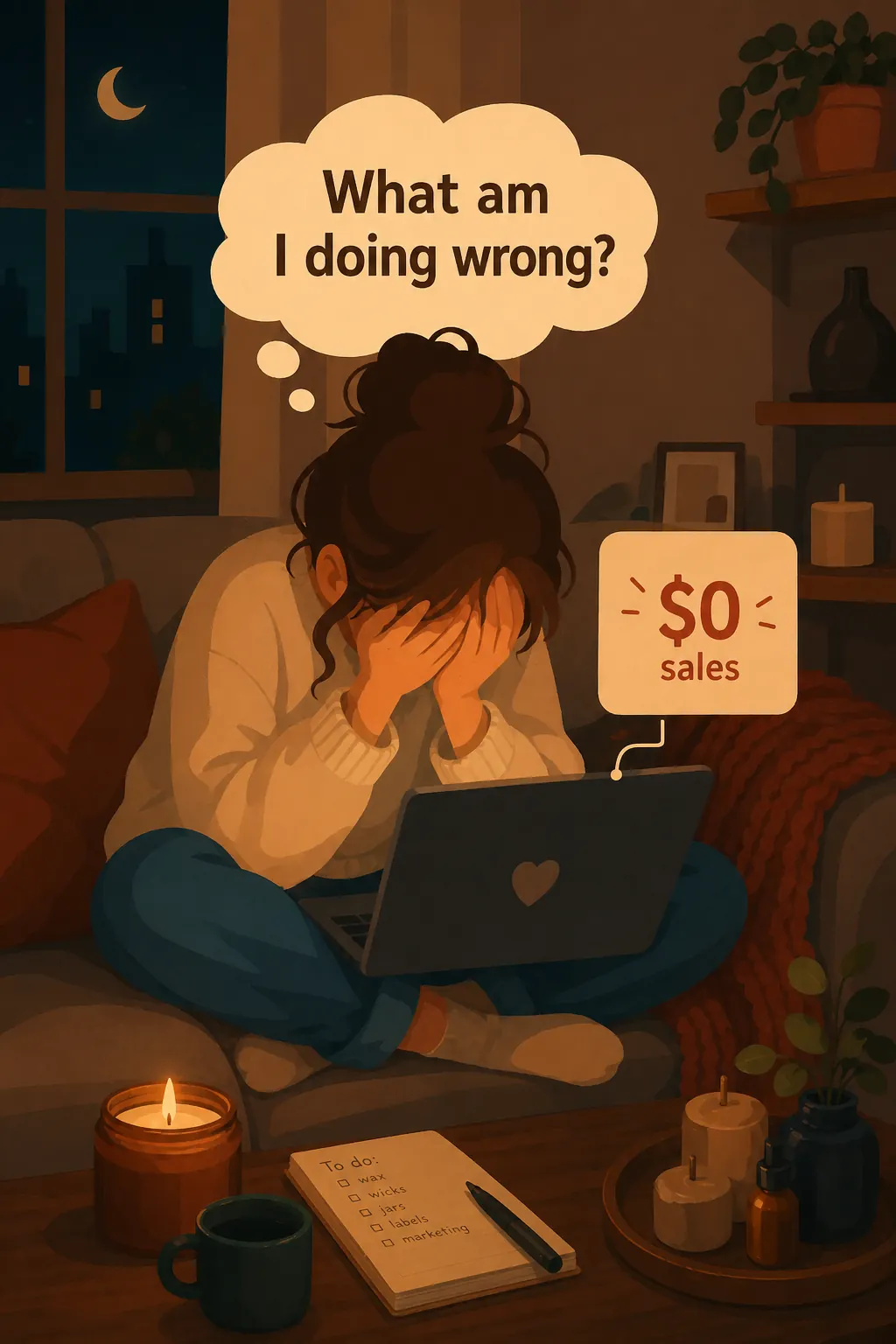 Breakthrough Advertising visual: Picture Emma. It's midnight, she's staring at her laptop, watching her handcrafted candle shop's ad spend vanish with al