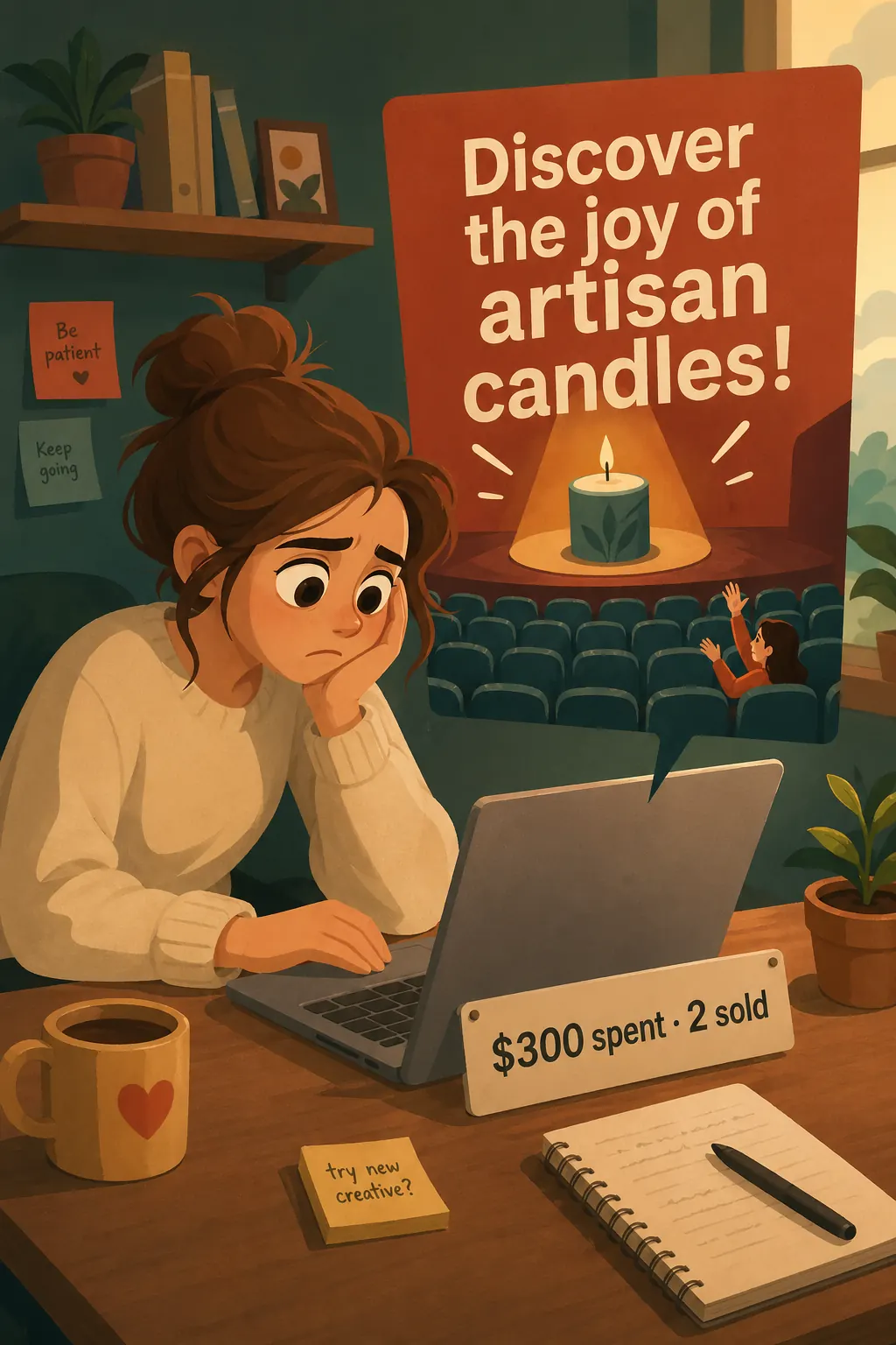 Breakthrough Advertising visual: Emma refreshes her dashboard one more time. Three hundred dollars spent, two candles sold. Her ad shouts, 'Discover the 