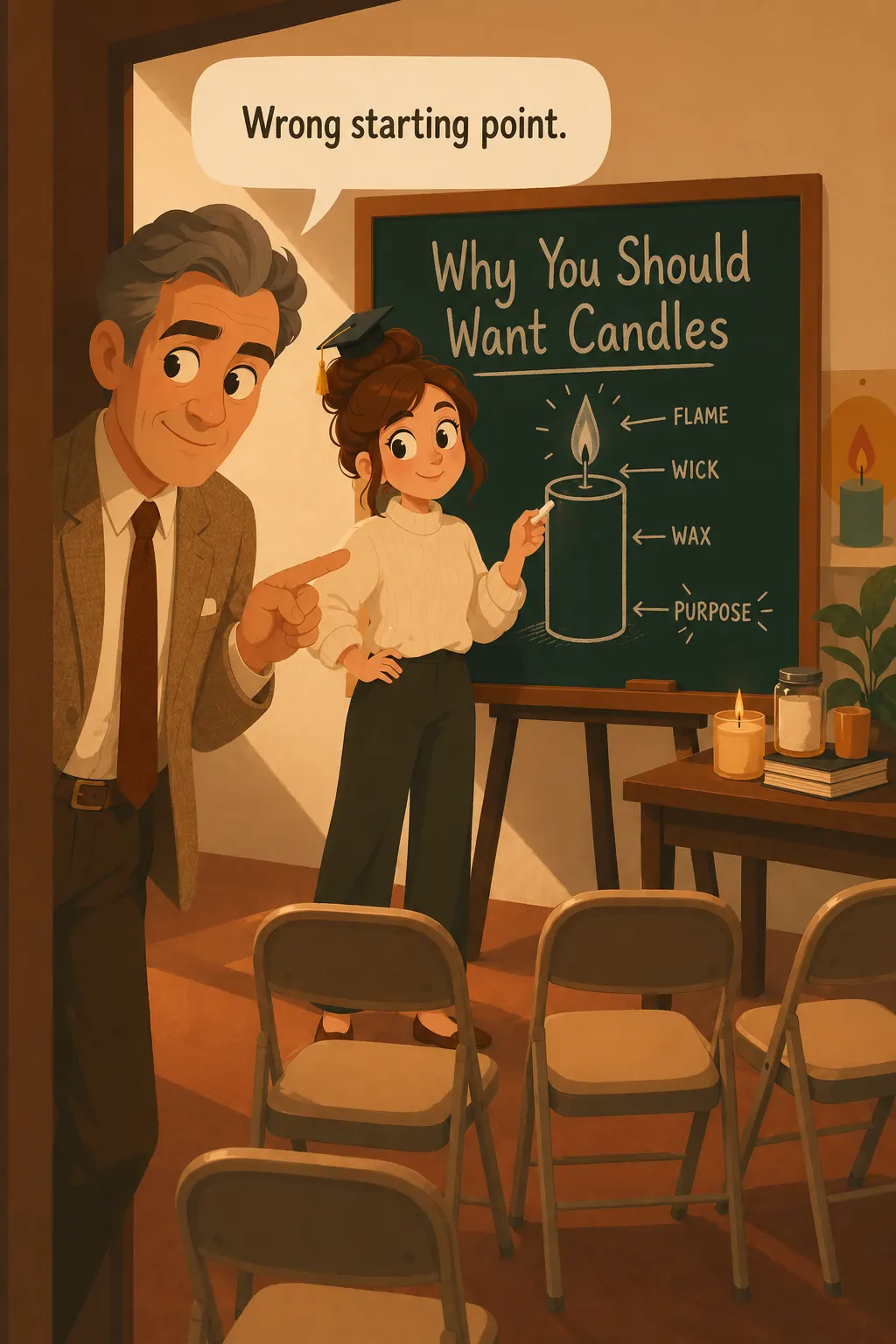 Breakthrough Advertising preview: Notice what she's doing. She's trying to teach strangers why they should want her candles. That's where she's stuck, and