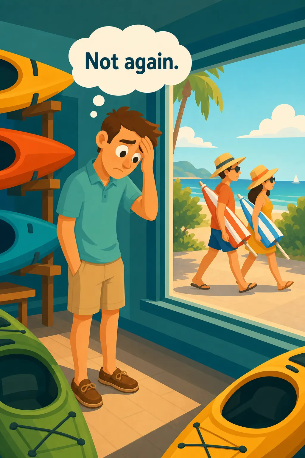 Building A StoryBrand visual: Picture this. Daniel is standing in his empty kayak shop on a Saturday afternoon, watching yet another tourist glance at