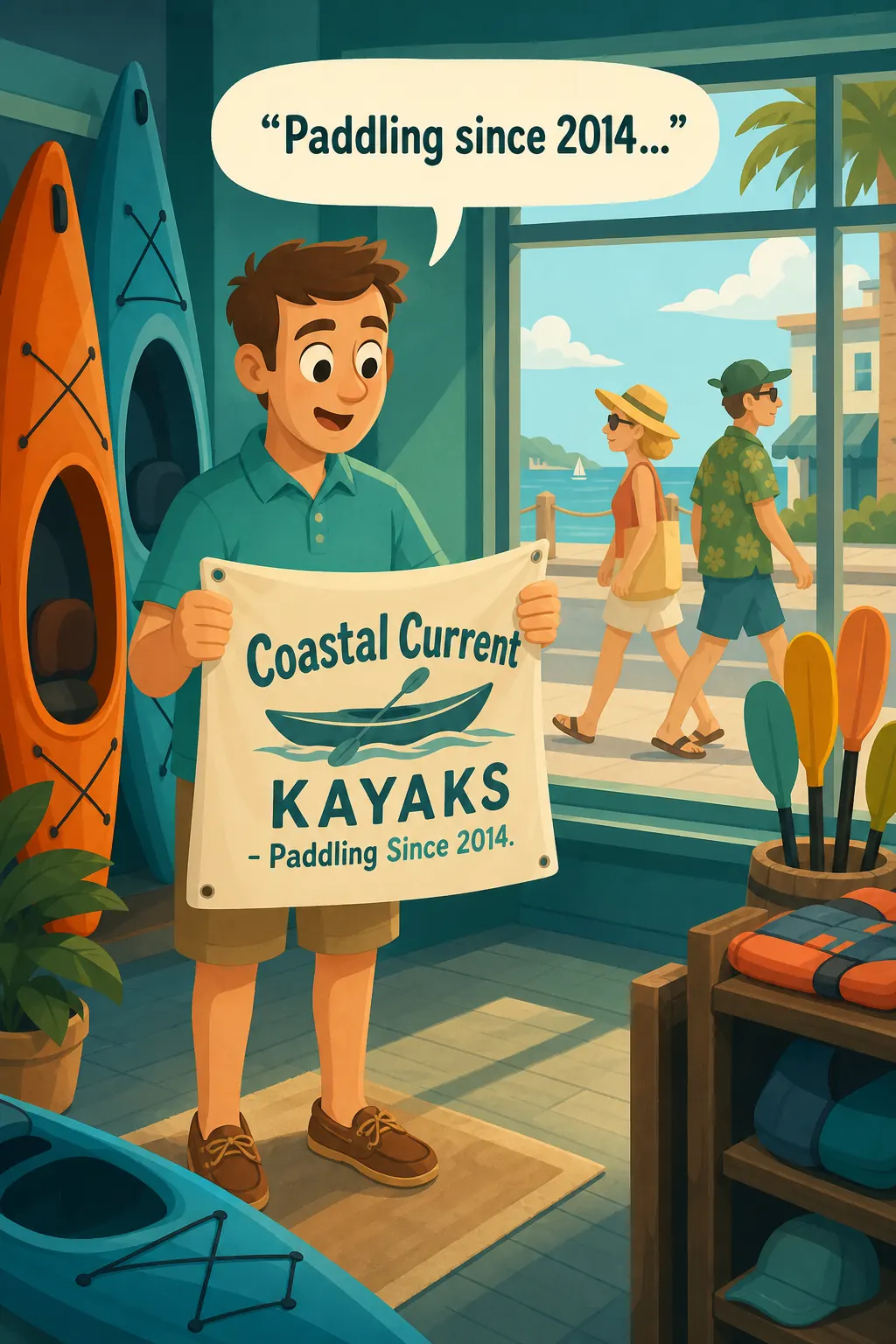 Building A StoryBrand visual: Back inside, Daniel reads his shop's tagline out loud. 'Coastal Current Kayaks, paddling since 2014.' Nobody cares. Nobo