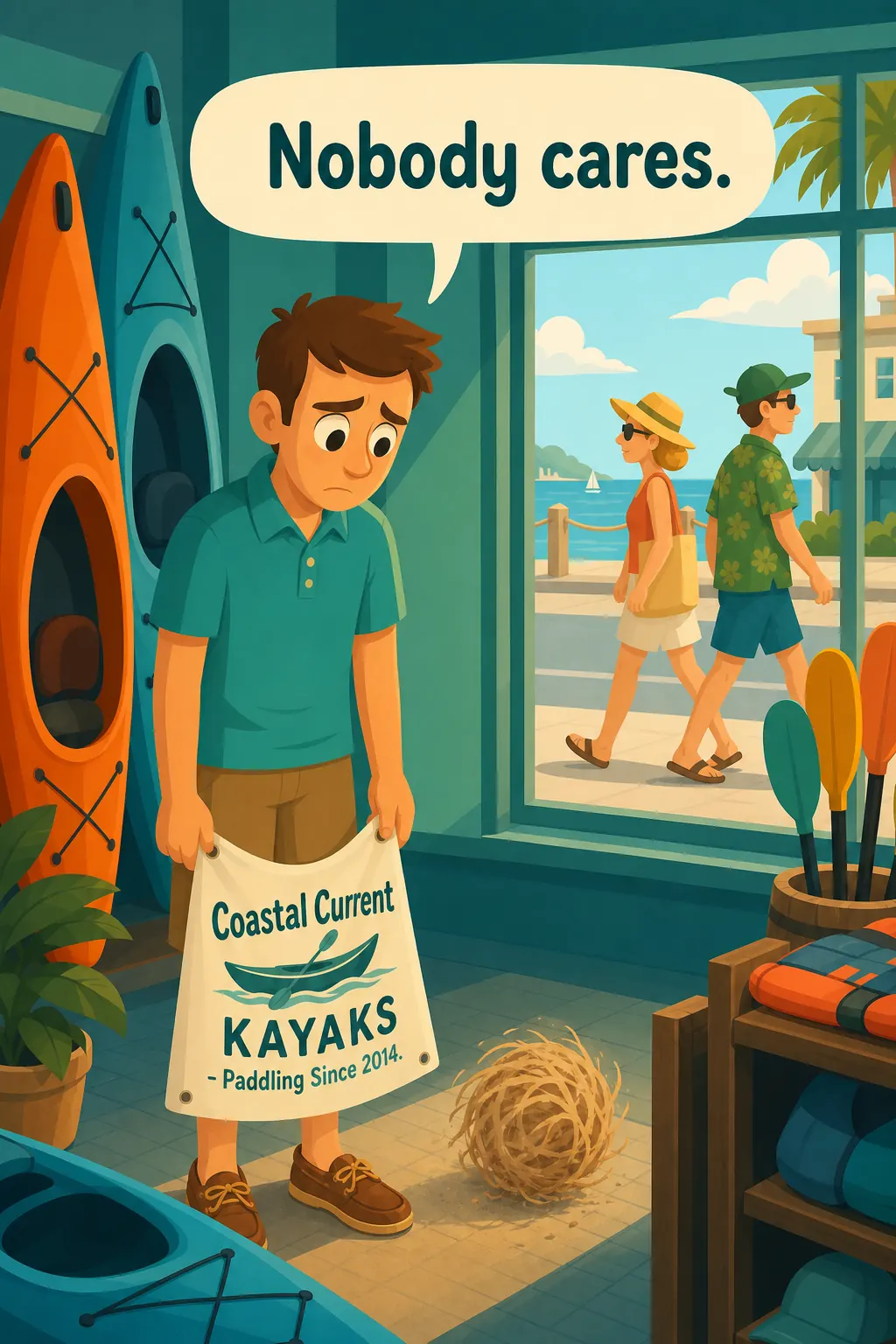 Building A StoryBrand preview: Back inside, Daniel reads his shop's tagline out loud. 'Coastal Current Kayaks, paddling since 2014.' Nobody cares. Nobo