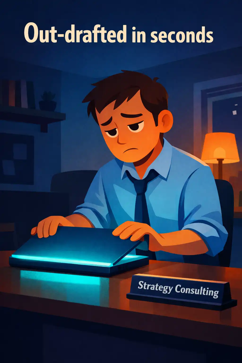 The Coming Wave visual: Ethan closes his laptop, rattled. He runs a small strategy consulting firm, and an AI just out-drafted him in a matter o