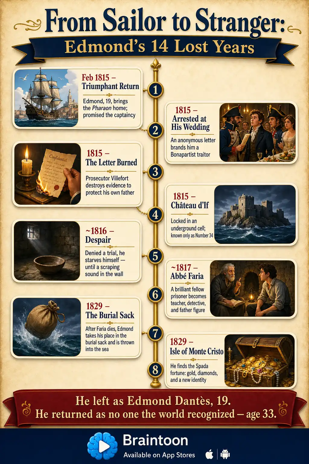 Vertical timeline from 1815 to 1829 showing Edmond Dantès's arrest at his wedding, imprisonment in the Château d'If, his friendship with Abbé Faria, his escape in a burial sack, and his discovery of the Monte Cristo treasure.