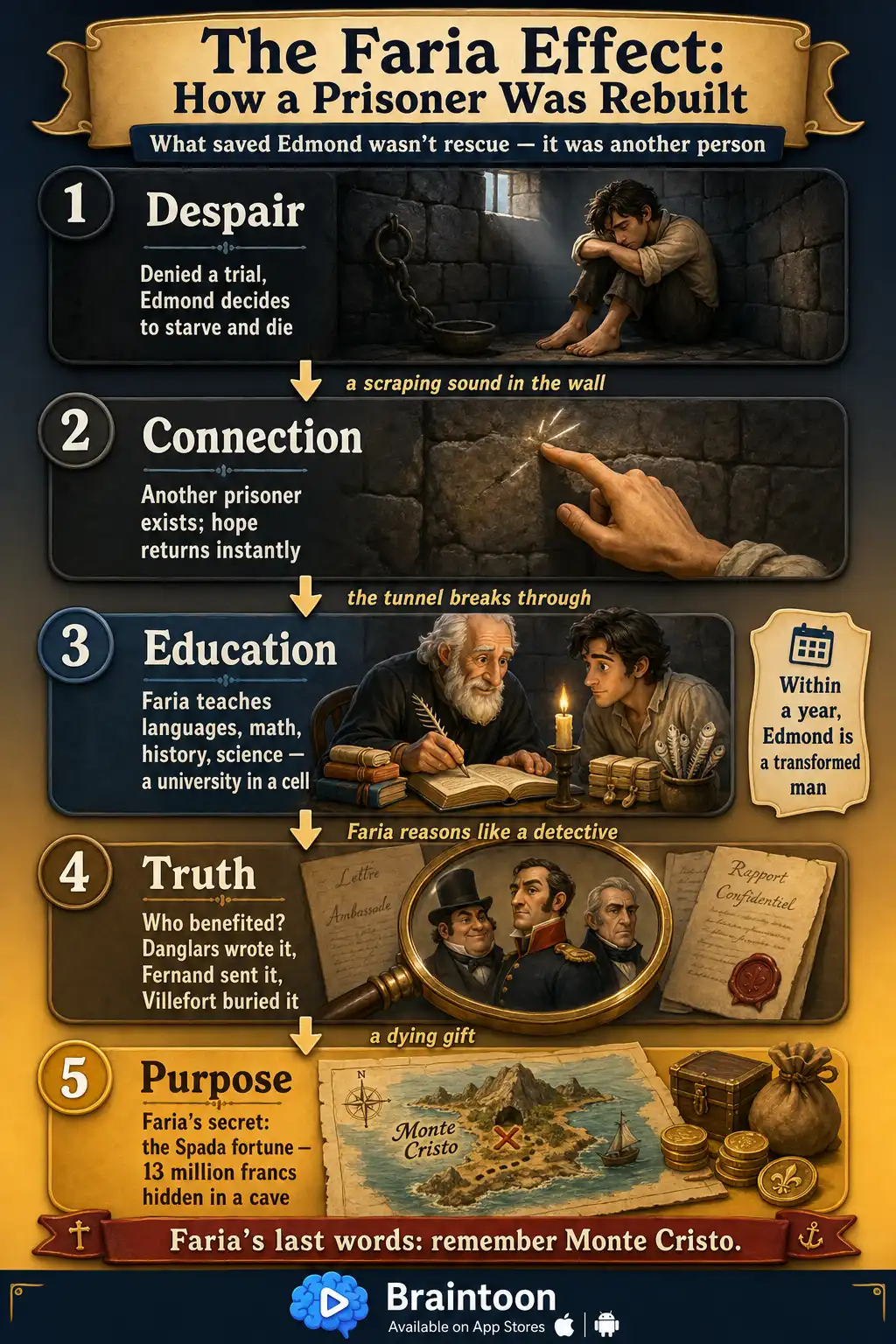 Five-stage process diagram showing Edmond Dantès's transformation in prison: despair, connection through a wall, education by Abbé Faria, discovering the truth about his betrayers, and gaining purpose through the Monte Cristo treasure.