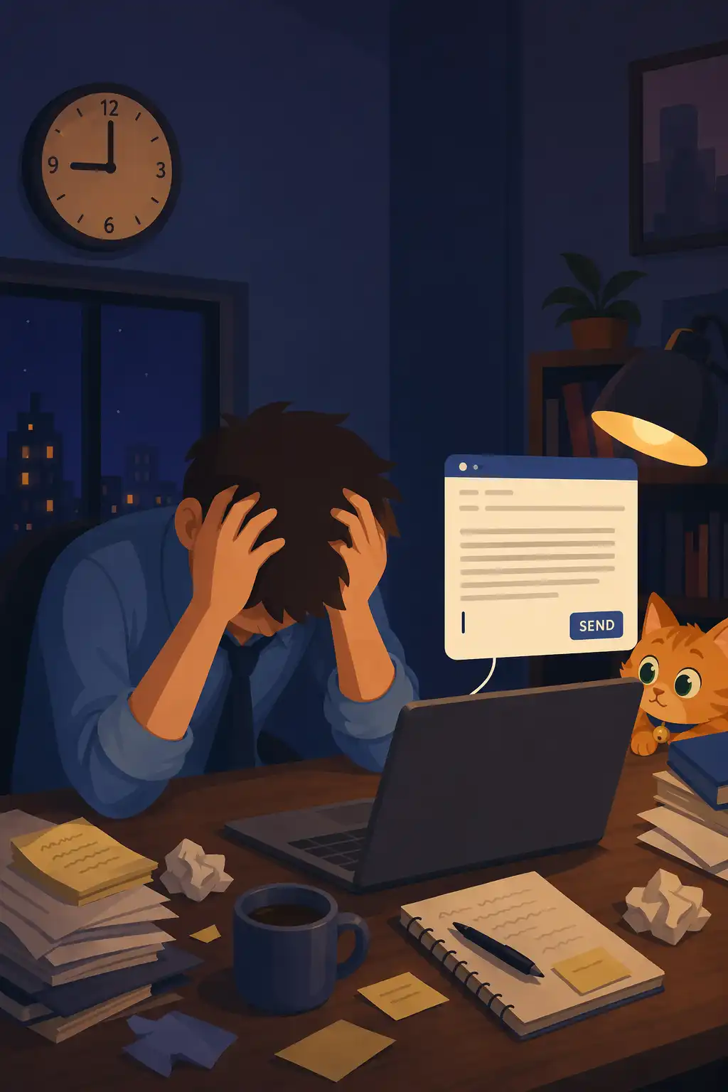 The Courage to be Disliked visual: It's 9 p.m. Daniel sits frozen at his desk, rereading the same email he's too afraid to send, convinced his life is perm