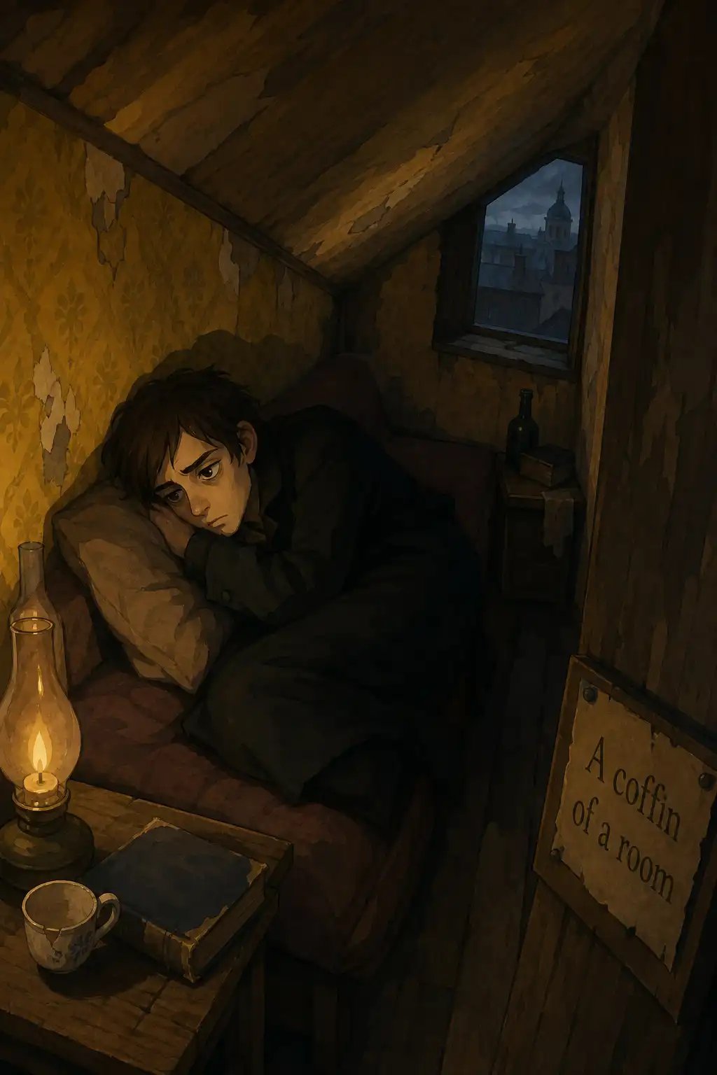 Crime and Punishment visual: We meet Raskolnikov, a former law student living in a coffin-sized room in St. Petersburg, crushed by poverty and isolat