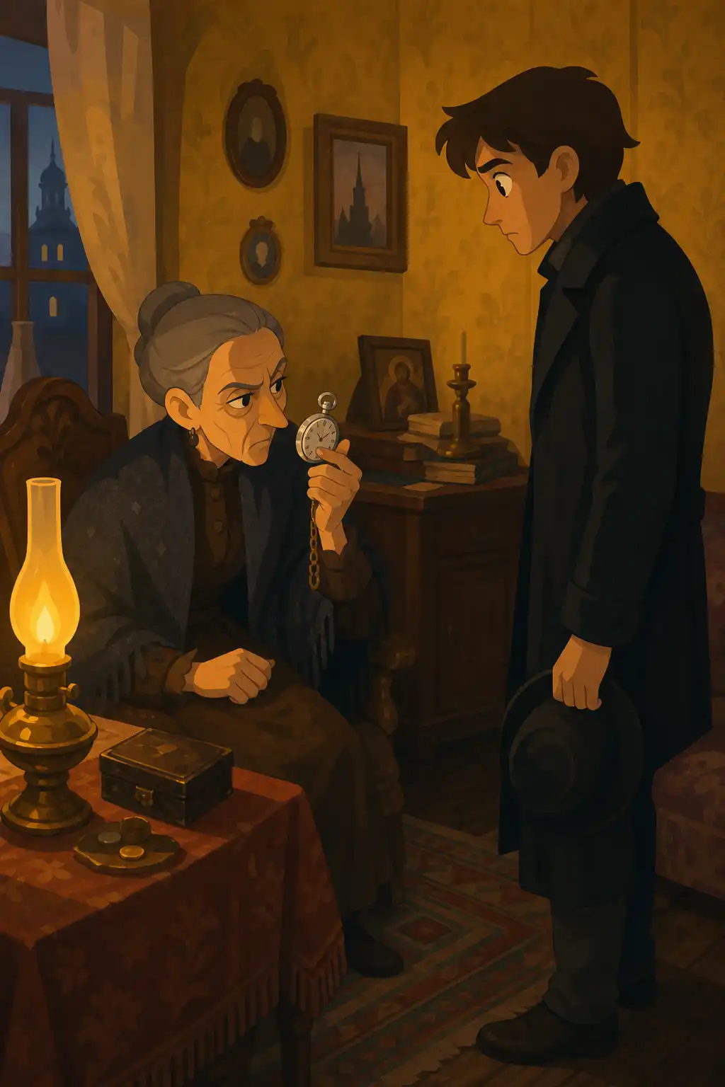 Crime and Punishment preview: He sneaks past his landlady, to whom he owes rent, and visits Alyona Ivanovna, a cold elderly pawnbroker, to pawn an old