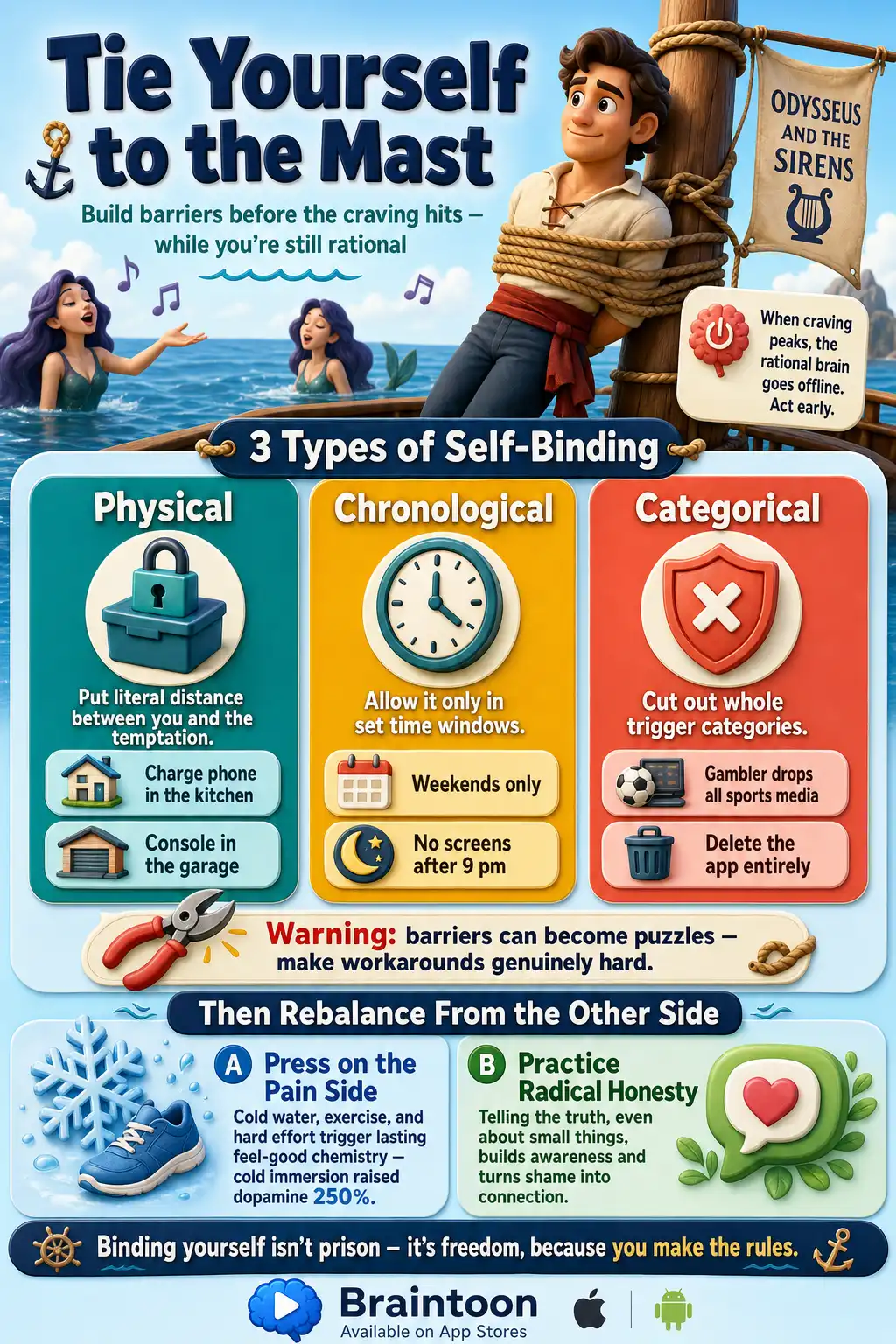 Framework infographic on self-binding with an Odysseus-at-the-mast illustration, three columns for physical, chronological, and categorical barriers with examples, plus two supporting cards on cold and exercise hormesis and radical honesty.