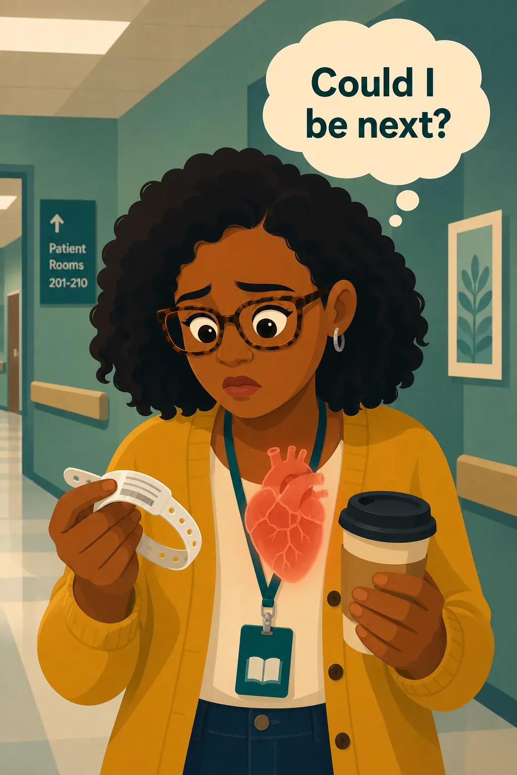 Eat to Beat Disease visual: Yvonne stares at her dad's hospital bracelet, gripping a vending machine coffee, terrified the same heart disease is qui