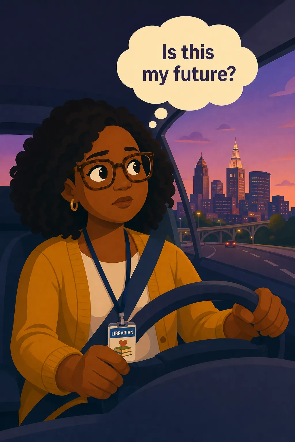 Eat to Beat Disease visual: Yvonne is a 38-year-old elementary school librarian in Cleveland. She's driving home from the hospital, wondering if her