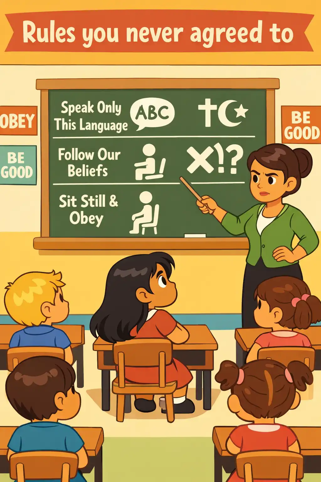 The Four Agreements visual: Picture yourself as a small child, sitting in a classroom, absorbing rules you never agreed to. Language, religion, how 