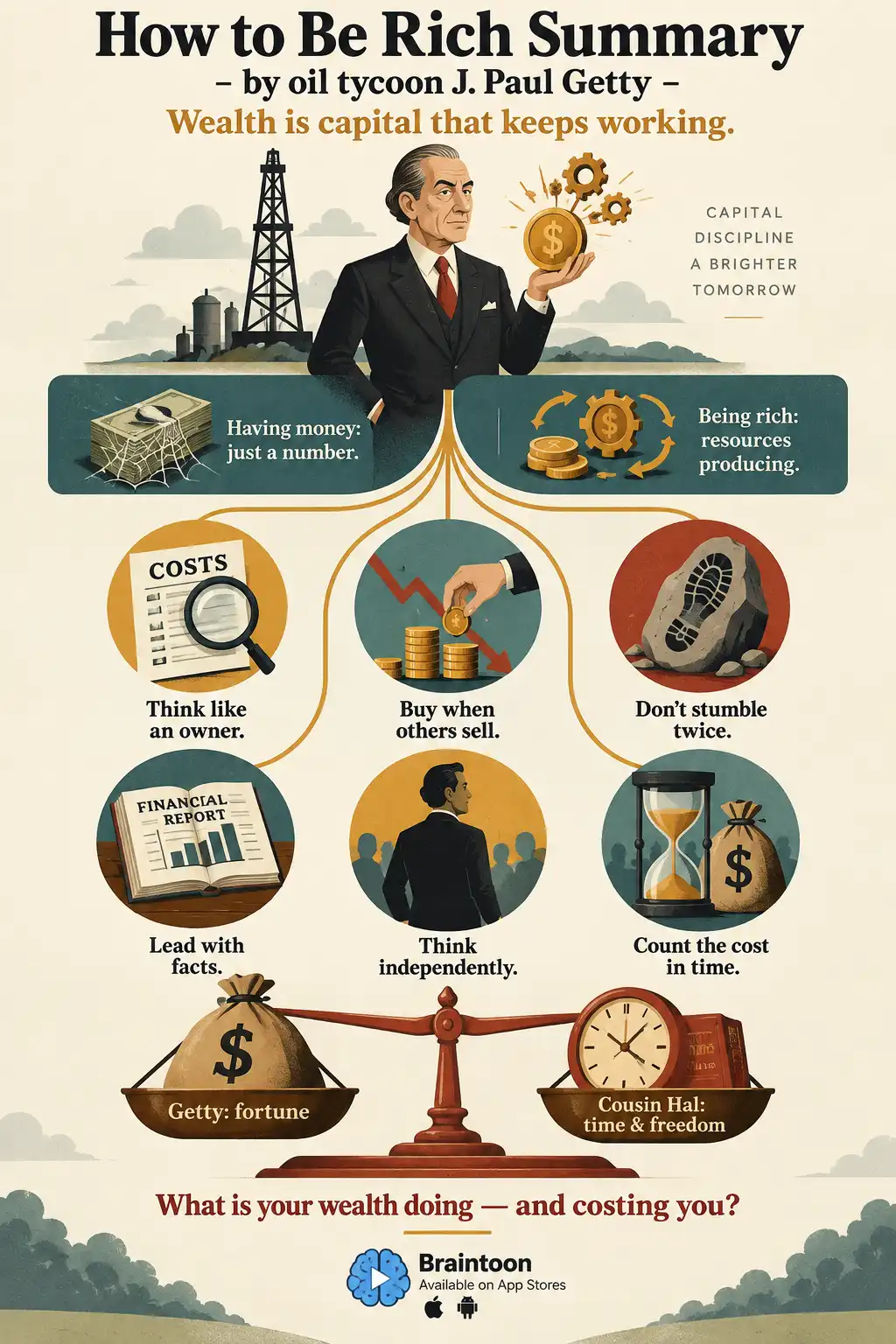 Summary infographic of How to Be Rich. A tycoon holds a coin sprouting gears. A contrast shows idle cash versus working resources, and six icons stand for the book's lessons. At the bottom, a scale balances Getty's fortune against his cousin Hal's time and freedom.