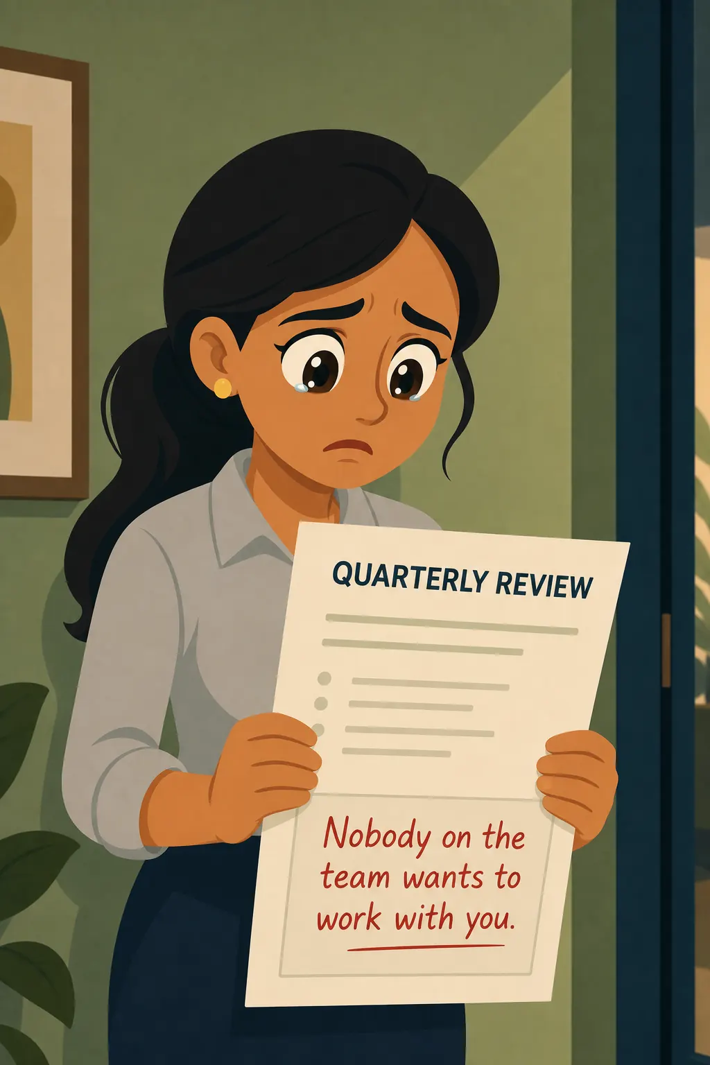 How To Win Friends and Influence People visual: Ashley stands frozen outside the conference room, holding her quarterly review. Her boss wrote one brutal sentence at th