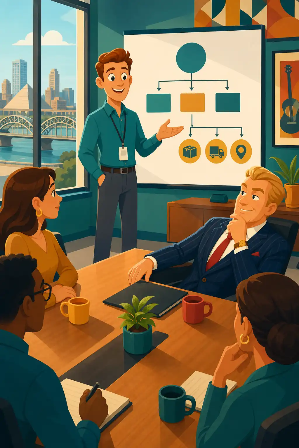 The Laws of Human Nature visual: In a Memphis conference room, new operations manager Kevin is pitching his first big plan, when Dale, his smiling rival,