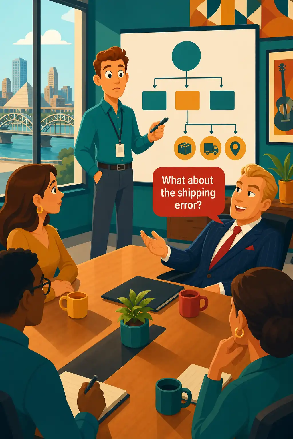 The Laws of Human Nature visual: In a Memphis conference room, new operations manager Kevin is pitching his first big plan, when Dale, his smiling rival,