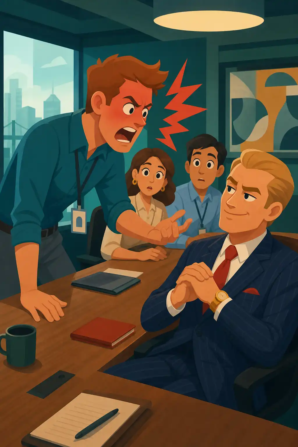 The Laws of Human Nature visual: Kevin's face goes hot. He snaps back at Dale, his voice cracking, and the room goes silent. His boss frowns. In about te