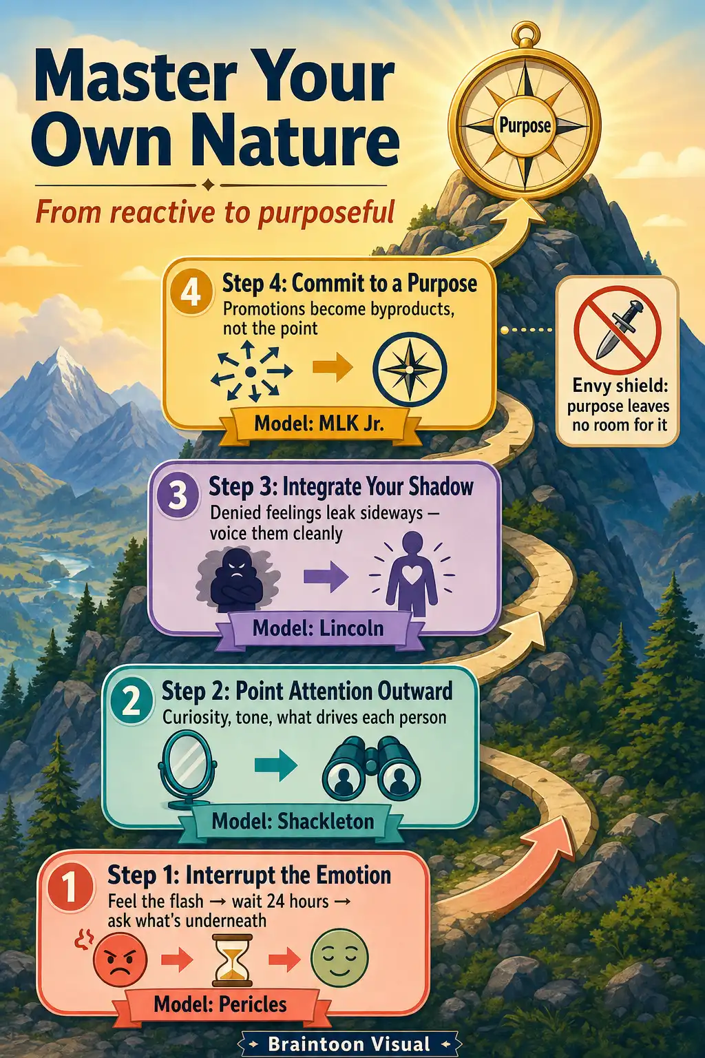 Ascending four-step path infographic for self-mastery from The Laws of Human Nature: interrupt emotional reactions like Pericles, direct attention outward like Shackleton, integrate the shadow like Lincoln, and commit to purpose like Martin Luther King Jr.