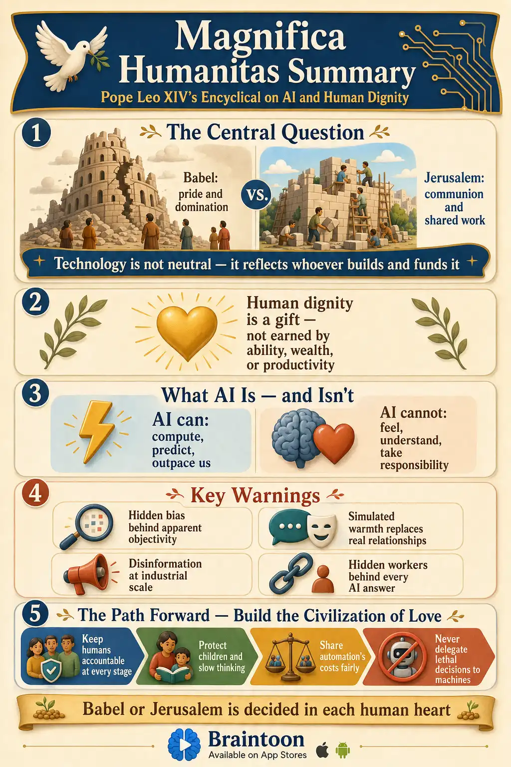 Infographic summarizing Pope Leo XIV's encyclical Magnifica Humanitas: the Babel-versus-Jerusalem choice, human dignity as foundation, what AI can and cannot do, four key warnings about bias, fake intimacy, disinformation and hidden labor, and a four-step path toward the civilization of love.