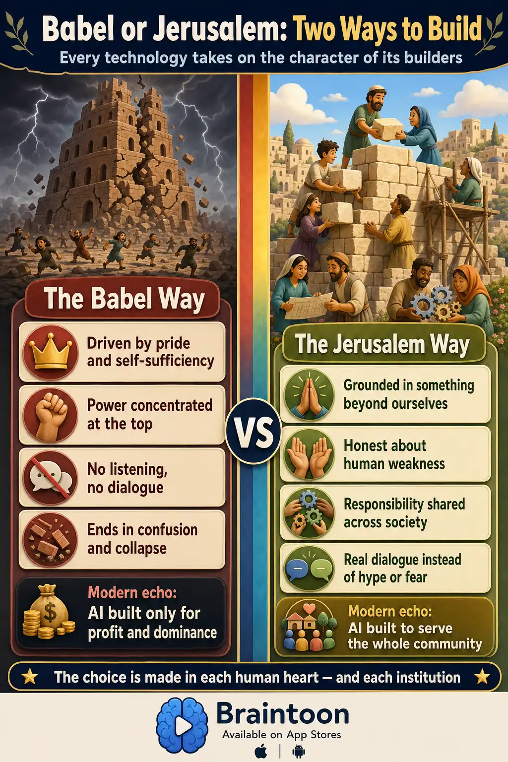 Comparison infographic contrasting the Tower of Babel — pride, concentrated power, no dialogue, collapse — with Nehemiah's Jerusalem — humility, shared responsibility, dialogue, and communal rebuilding — as two models for building AI.