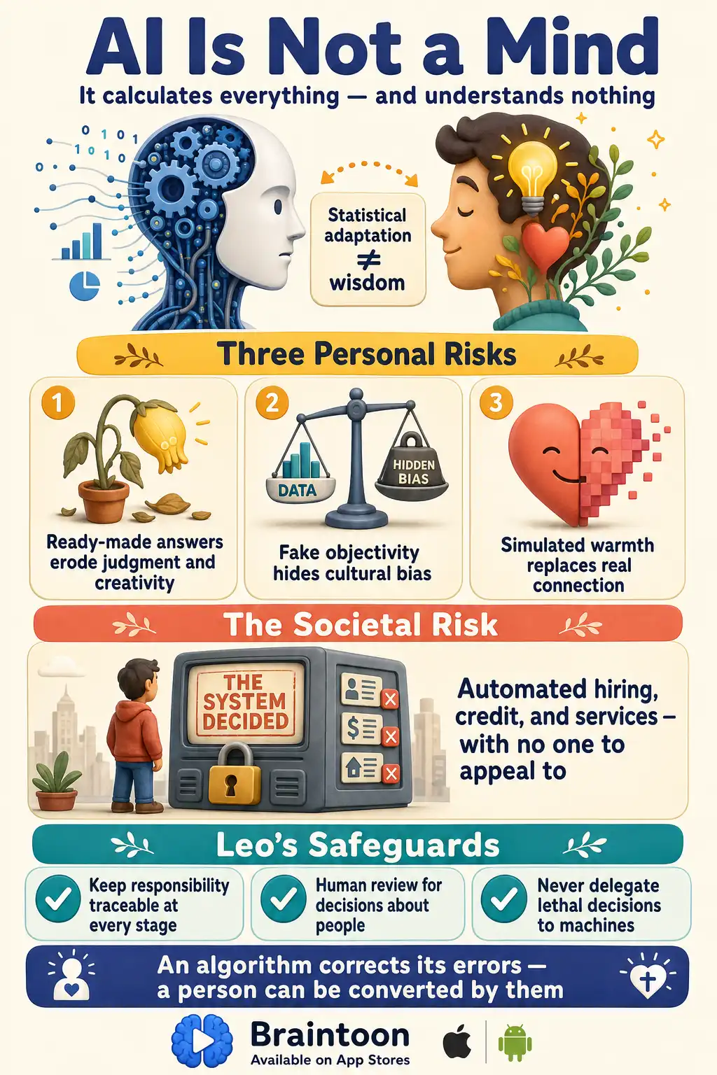 Diagram showing that AI computes without understanding, three personal risks — eroded judgment, hidden bias, simulated intimacy — the societal risk of unappealable automated decisions, and three safeguards including traceable responsibility and never delegating lethal decisions to machines.