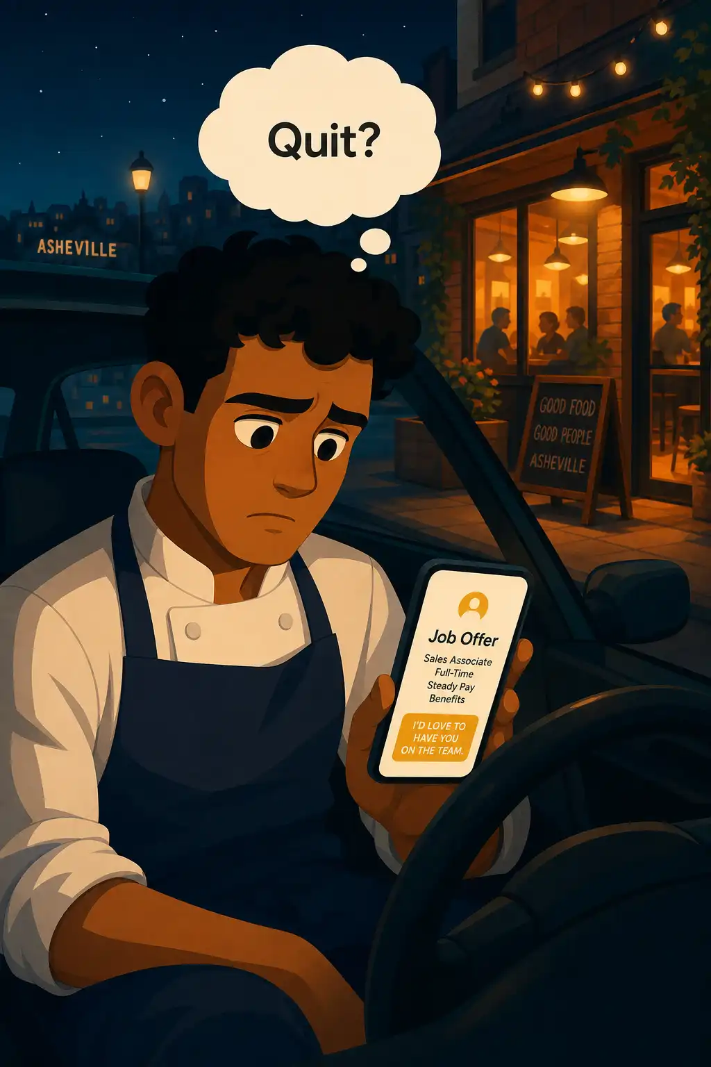 Mastery visual: After that shift, Tyler sits in his car outside the Asheville restaurant, seriously considering quitting to take his cou